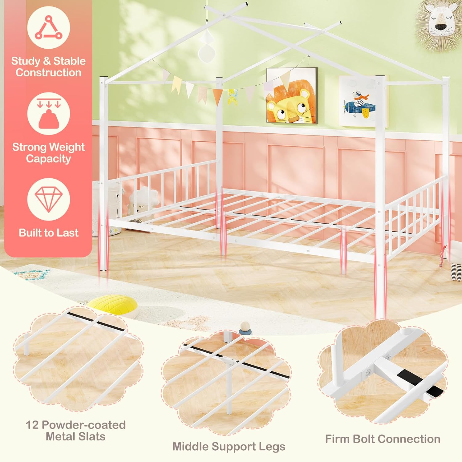 Giantex Full Size House Bed with 2 Storage Drawers, Metal Montessori Bed Frame with Headboard & Footboard, Full House Beds for Kids Girls Boys, No Box Spring Needed, Noise Free (White)