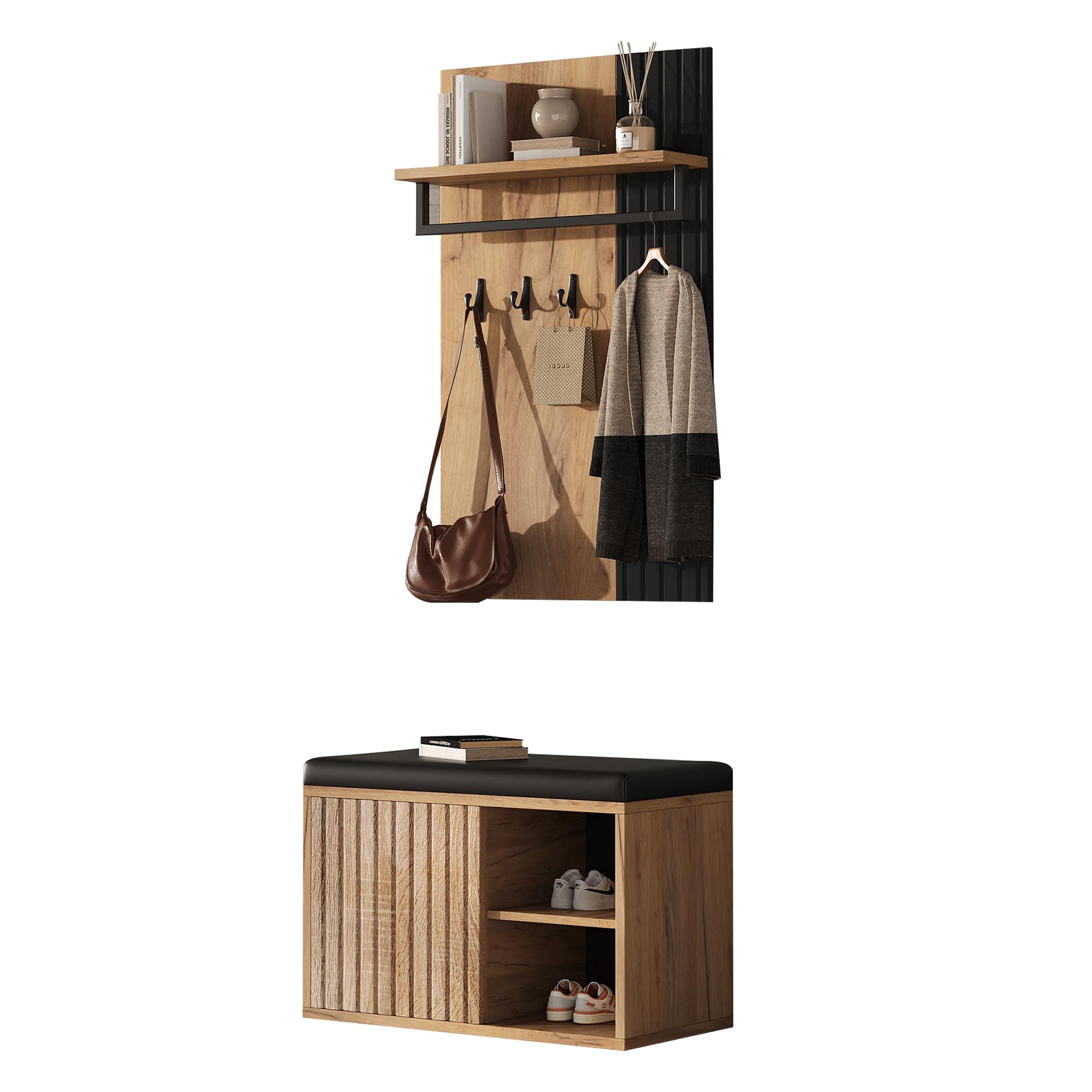 Merax Garderobenset mit Schuhbank, Schuhschrank mit 2 Türen, Flurmöbel mit Rückwand mit 3 Haken, Schwarz & Naturfarben, 70x36x146 cm