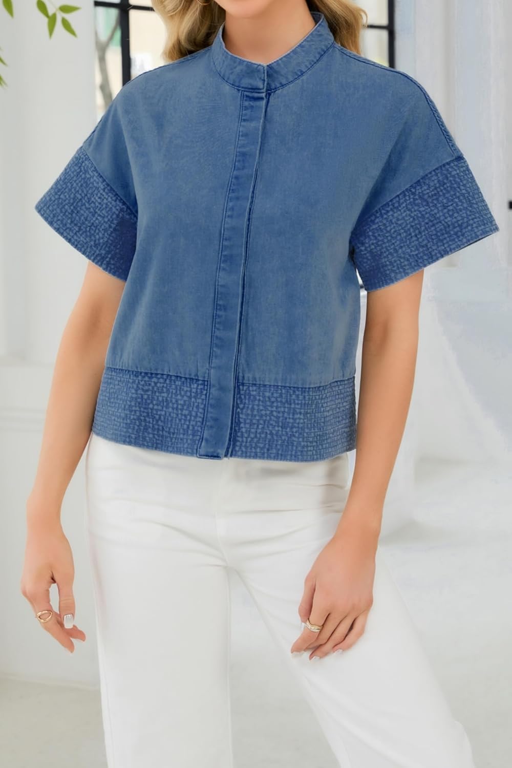 Womens Crop Denim Jacket Short Sleeve Button Down Lightweight Jean Tops Trendy - Image 3