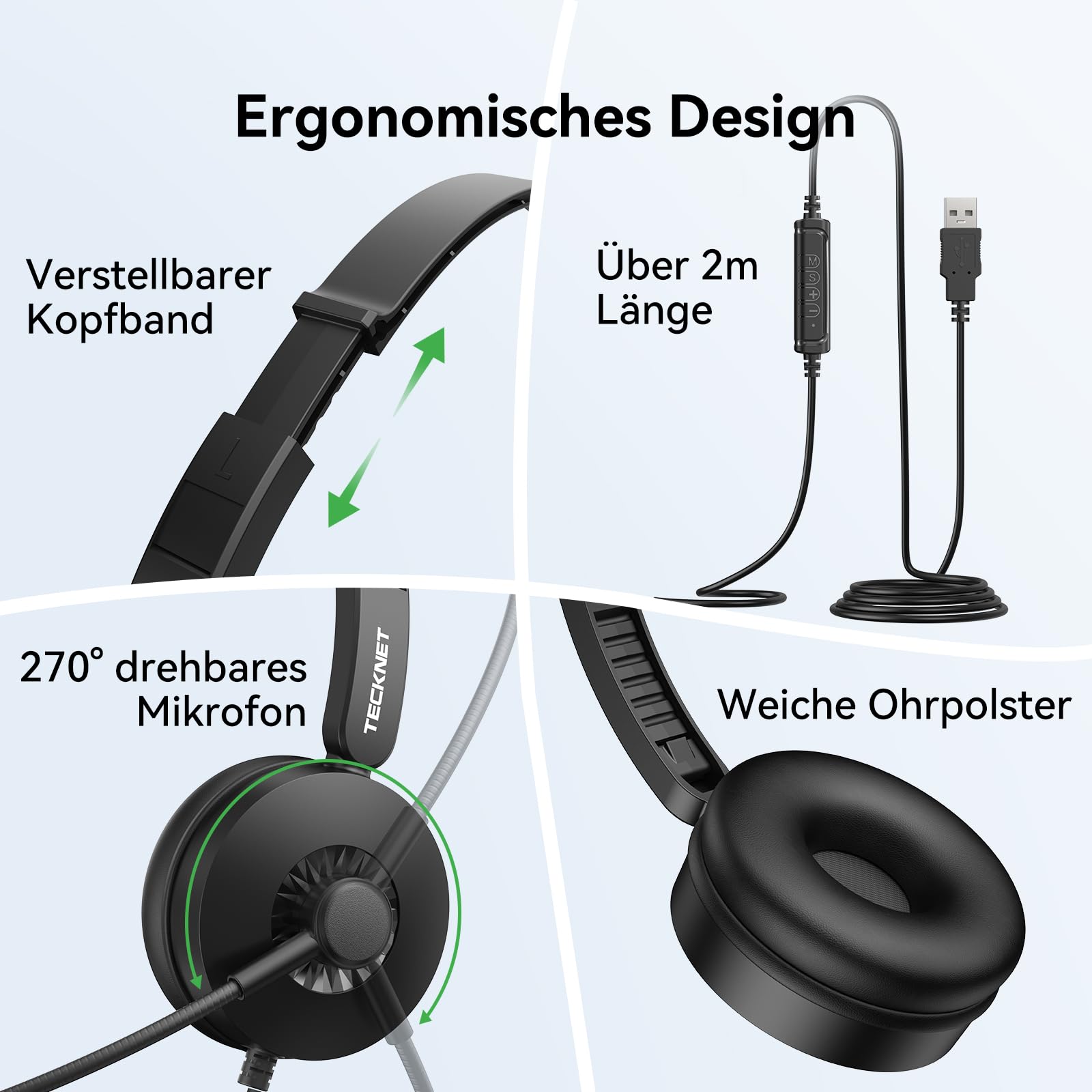 TECKNET Headset mit Mikrofon, USB Headset, kabelgebundenes PC-Headset, 2,0 m langes Kabel, Stereo-Kopfhörer für Skype, Teams-Meetings, Call-Center, Büroanrufe und Online-Konferenzen
