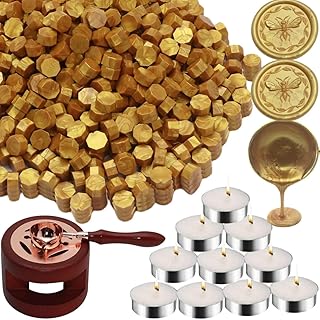 Wax Sealing Beads Kit, Atopbb 300pcs Gold Wax Seal Beads, 1pcs Wooden WaxSeal Warmer, 1pcs Melted Spoon and 10pcs Tea Candles for WaxSealing Stamp Kit (Gold)