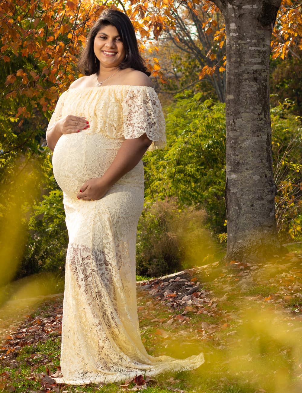 JustVH Women's Off Shoulder Short Sleeve V Neck Lace Maternity Gown Maxi Photography Dress