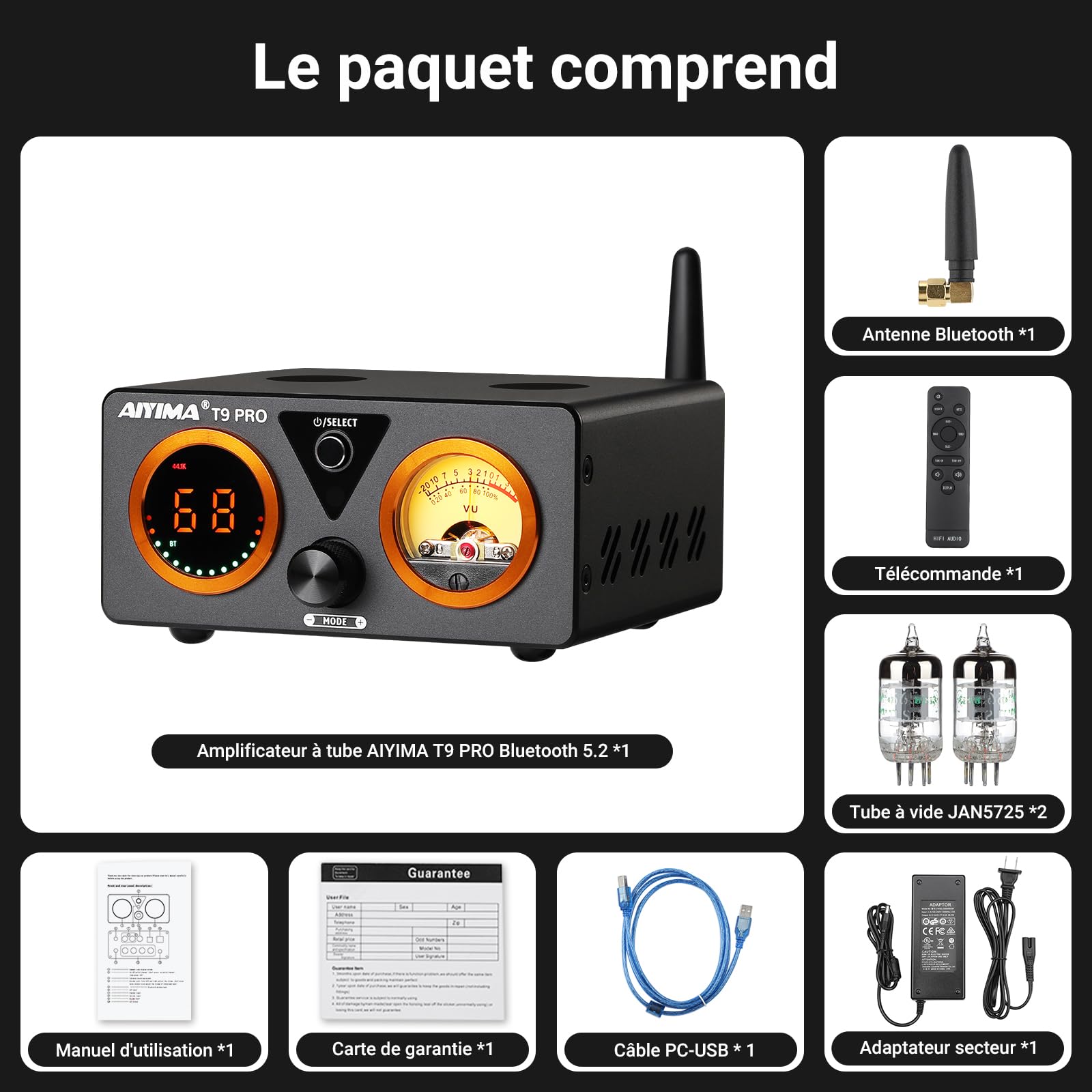 Amplificateur stéréo DAC Bluetooth à Tube 2.1 AIYIMA T9PRO 200W TPA3250 | Ampli HiFi de Classe D avec ES9018K2M,QCC3040 aptX,VU-Mètre et affichage Numérique,Télécommande,Aigus/Graves,Sortie AUX