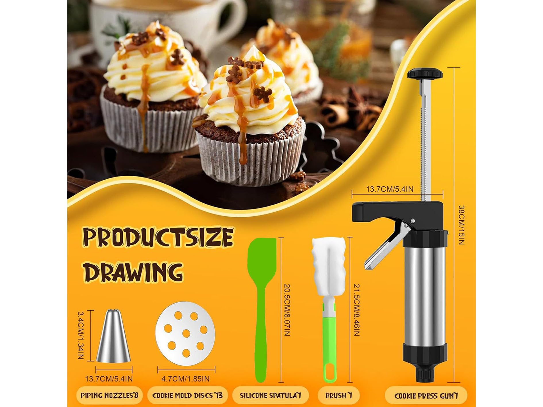 Nagyphgar Cake Decorating Syringe Set?24 Baking Supplies, Icing Piping Gun with Silicone Spatulas and Cleaning Brush, Cake Decorating Gun with 8 Piping Tips and 13 Cookie Discs