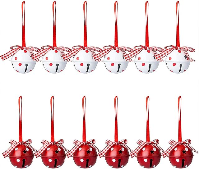12PCS Christmas Jingle Bells White and Red Metal Bell Tree Decoration Diameter 5cm Christmas Bell Craft Bell Christmas Tree Garland Decoration Festival DIY Decoration