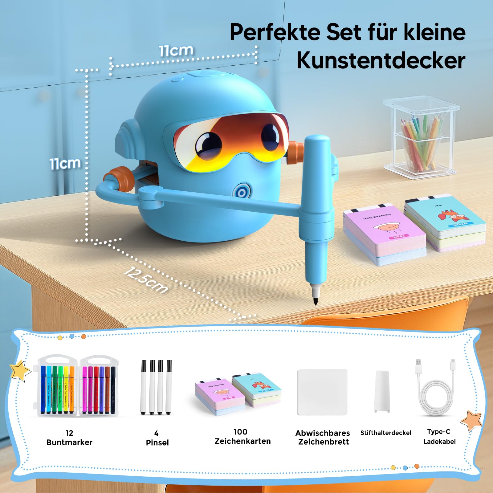 NAUQUOHZ Malroboter für Kinder, Zeichenroboter Kinder Voice-Sprachinteraktiver Pädagogischer Drawing Robot mit 100 Karten, 16 Buntstifte & Musik, EIN Geschenk für Jungen Mädchen