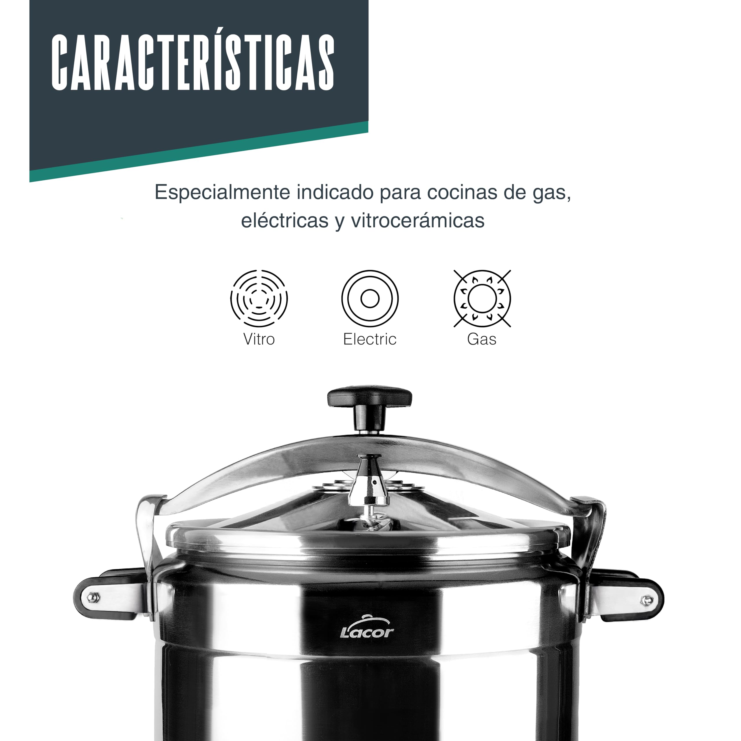 Lacor - 20522 - Olla a presión rápida PRO, Classic, Aluminio, Profesional, Máxima seguridad, 22 L, Ø 34 cm