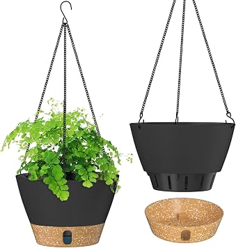 ZMTECH 25cm Hanging Plant Pots 10 Inches Hanging Planters with Saucer Drainage Holes Visible Water Level Hanging Pots for Indoor Outdoor Plants Set of 2, Dark Grey