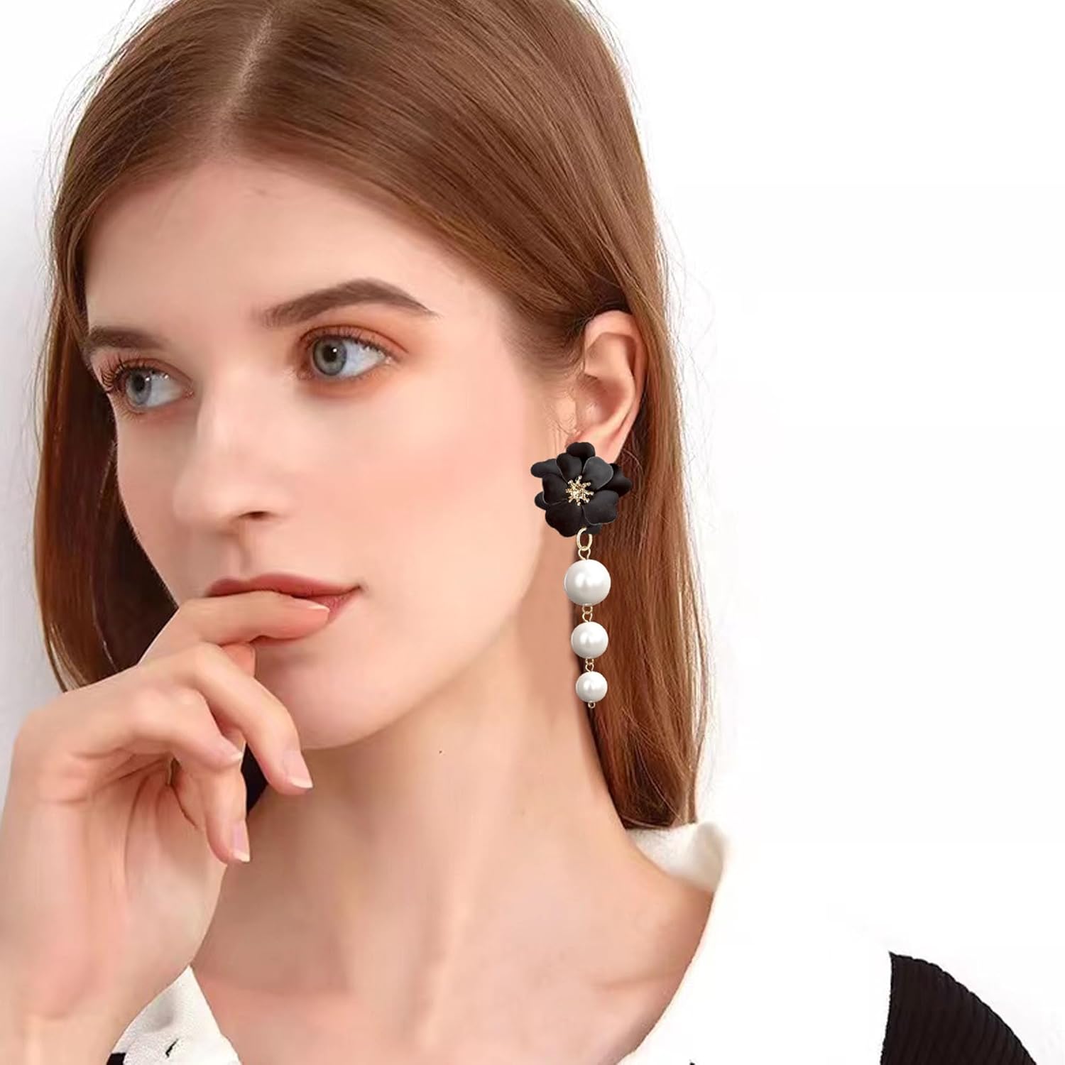 Women Long Floral Pearl Tassel Earrings Dangle Drop Faux Pearl Flower Stud Earrings Bridal Party Jewelry - Image 3