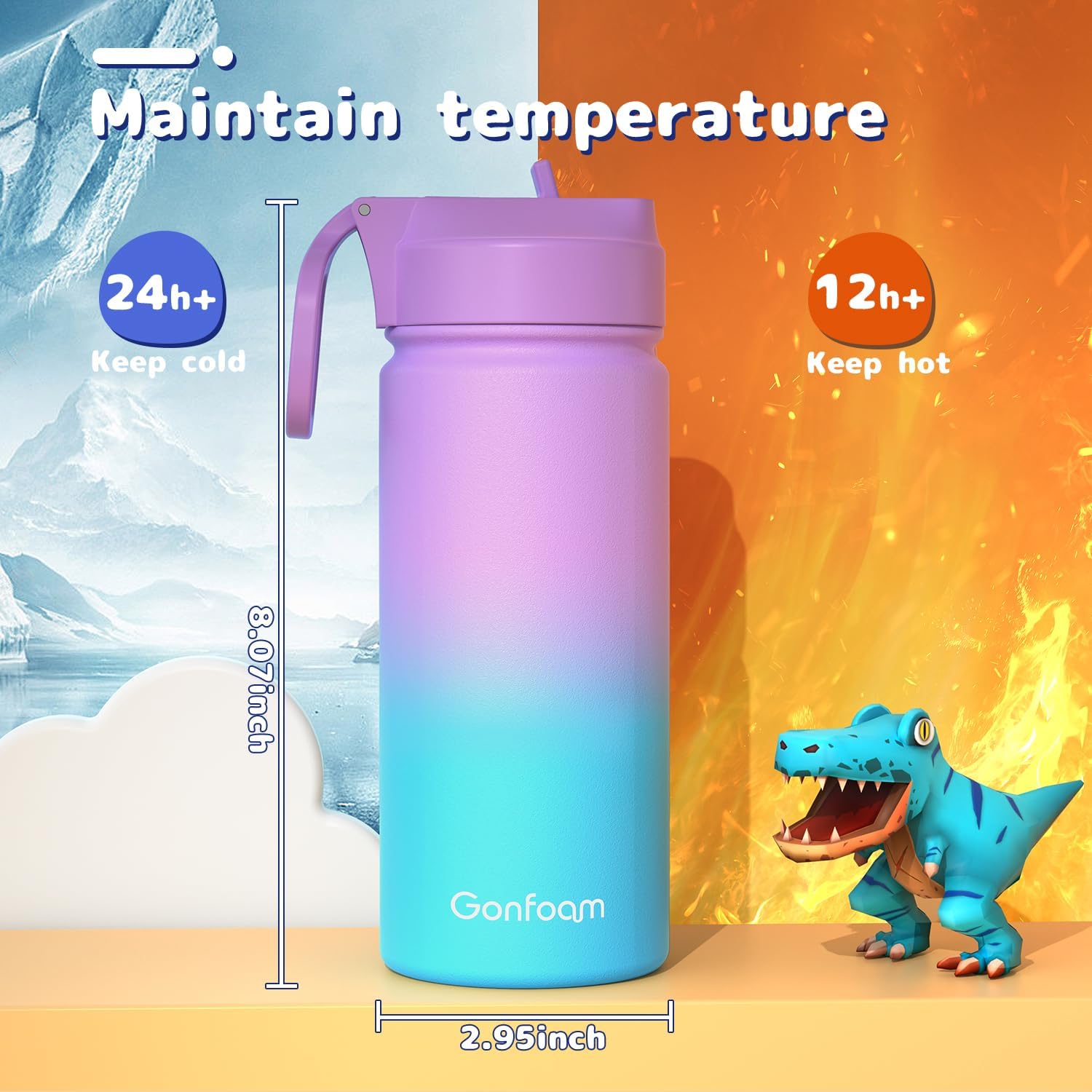 Kids Water Bottle, 16oz Water Bottles with Straw and Stickers, Stainless Steel Vacuum Double Wall Insulated cup, Kids Water Bottle for School, Gifts for Girls(Purple and Blue) - Image 6