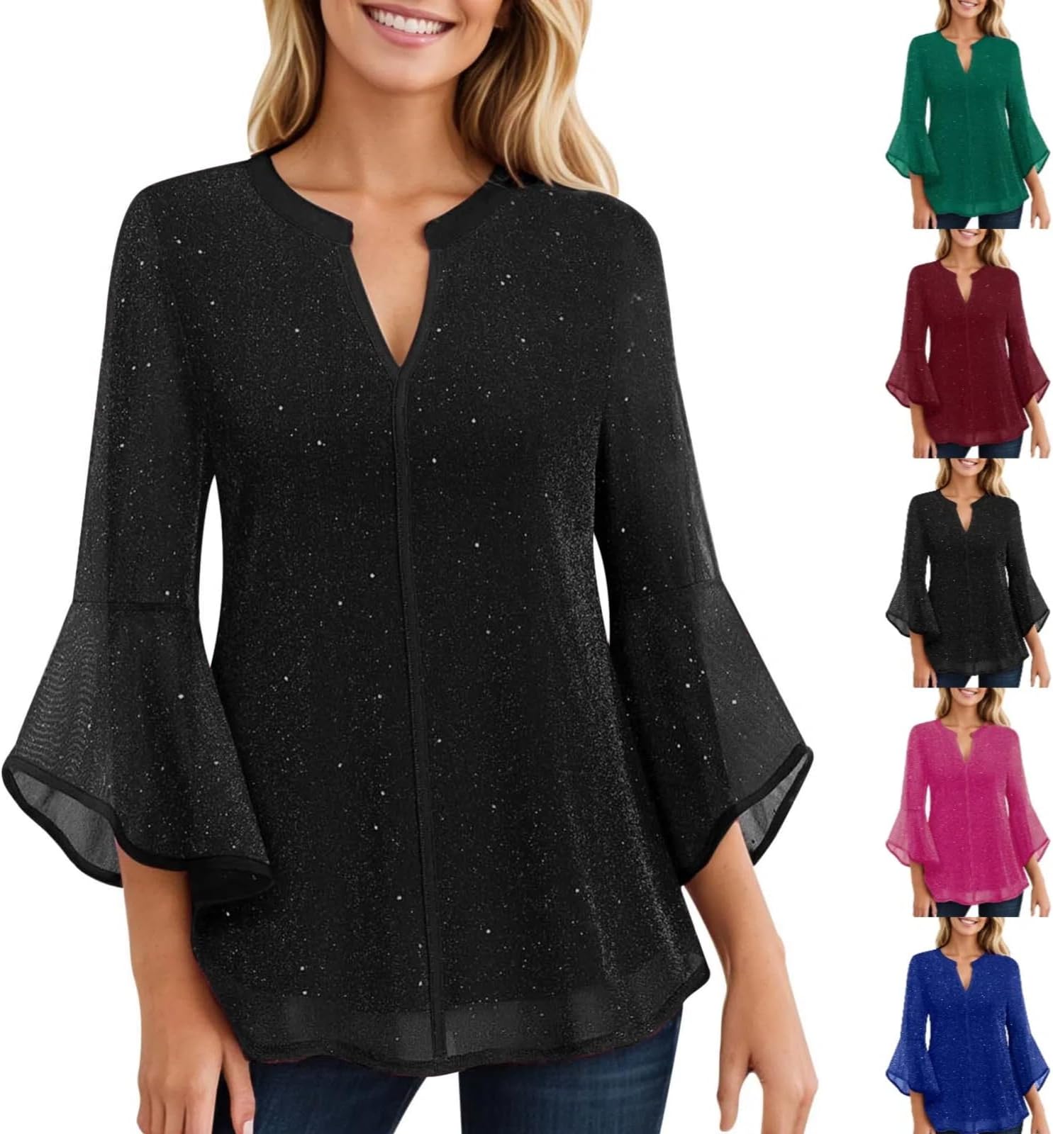 Sparkly Tops for Women UK V Neck Sheer Mesh Flared Sleeve Blouse Sequin Top Elegant Glitter Tunics Shirt Ladies Flowy Swing Long Tops to Wear with Leggings Beach Holiday Beach Party Casual Plus Size