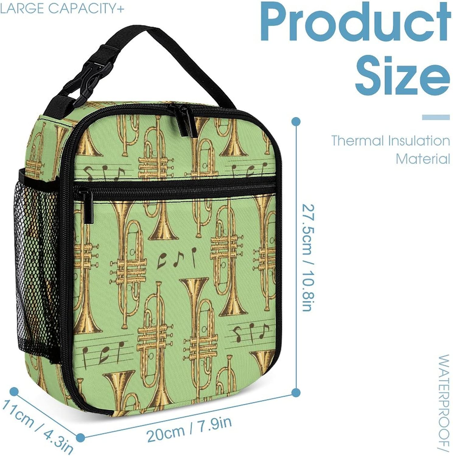 Golden Trombones of Music Notes Pattern 3pcs Backpacks With Lunch Bag And Pencil Bag Combination Sets Adjustable Daypack Rucksack Shopping Bags For Women Men Travel Office