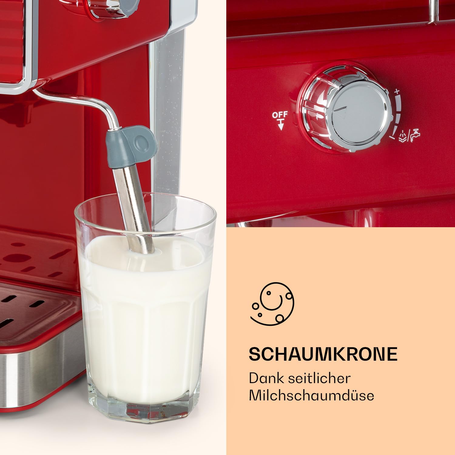 Klarstein Gusto Classico Espressomaker, 1350 W, Espressomaschine mit 20 Bar Druck, Siebträgermaschine, abnehmbares Tropfgitter aus Edelstahl, Siebträger Kaffeemaschine, Volumen Wassertank: 1,5 L, rot
