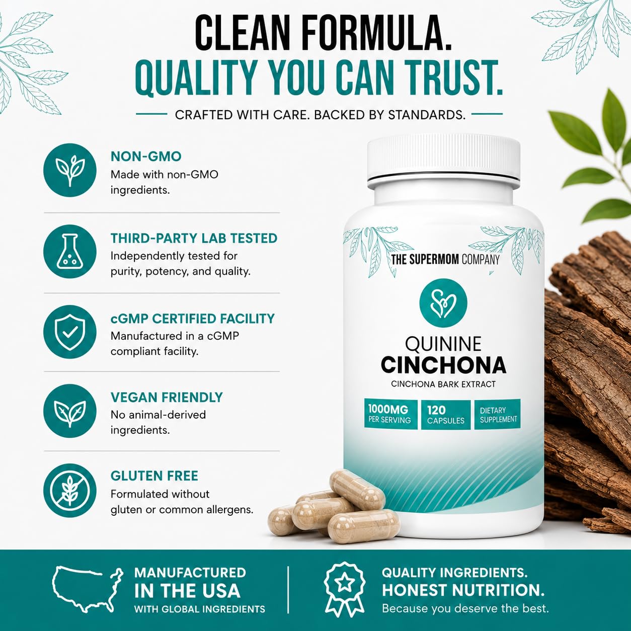 Quinine Cinchona Bark Extract 1000 mg – Herbal Supplement for Muscle & Leg Cramp Relief, Digestive Support & Immune Health – 120 Capsules, Non-GMO, Made in USA — Amazon image 5