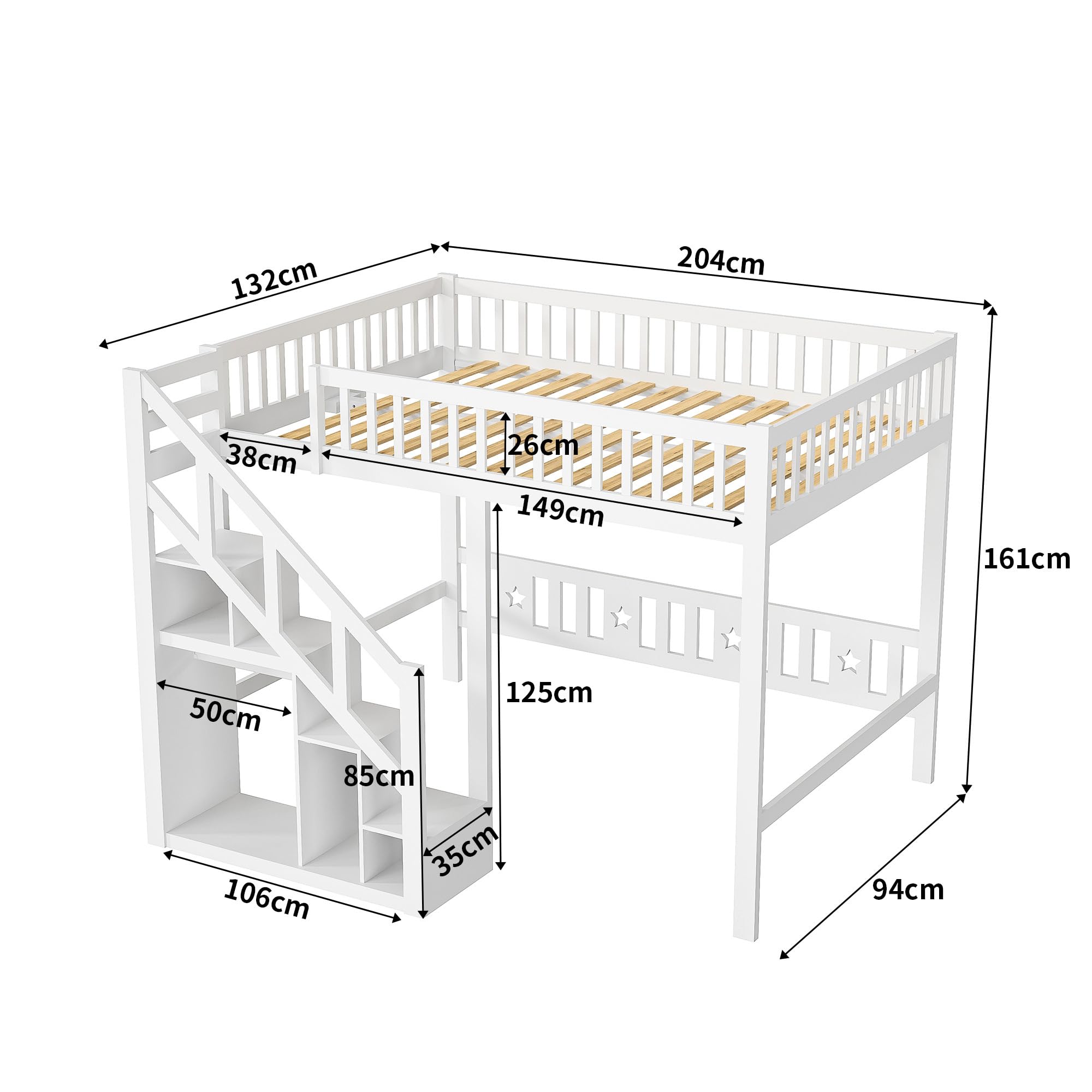 MEXUS Lit superposé Enfant 90x200cm, lit Mezzanine Multifonctionnel avec sommier à Lattes, Espace de Rangement, étagères, escalier, en Bois, avec Armoire Simple, sans Matelas (Blanc, 90x200cm)