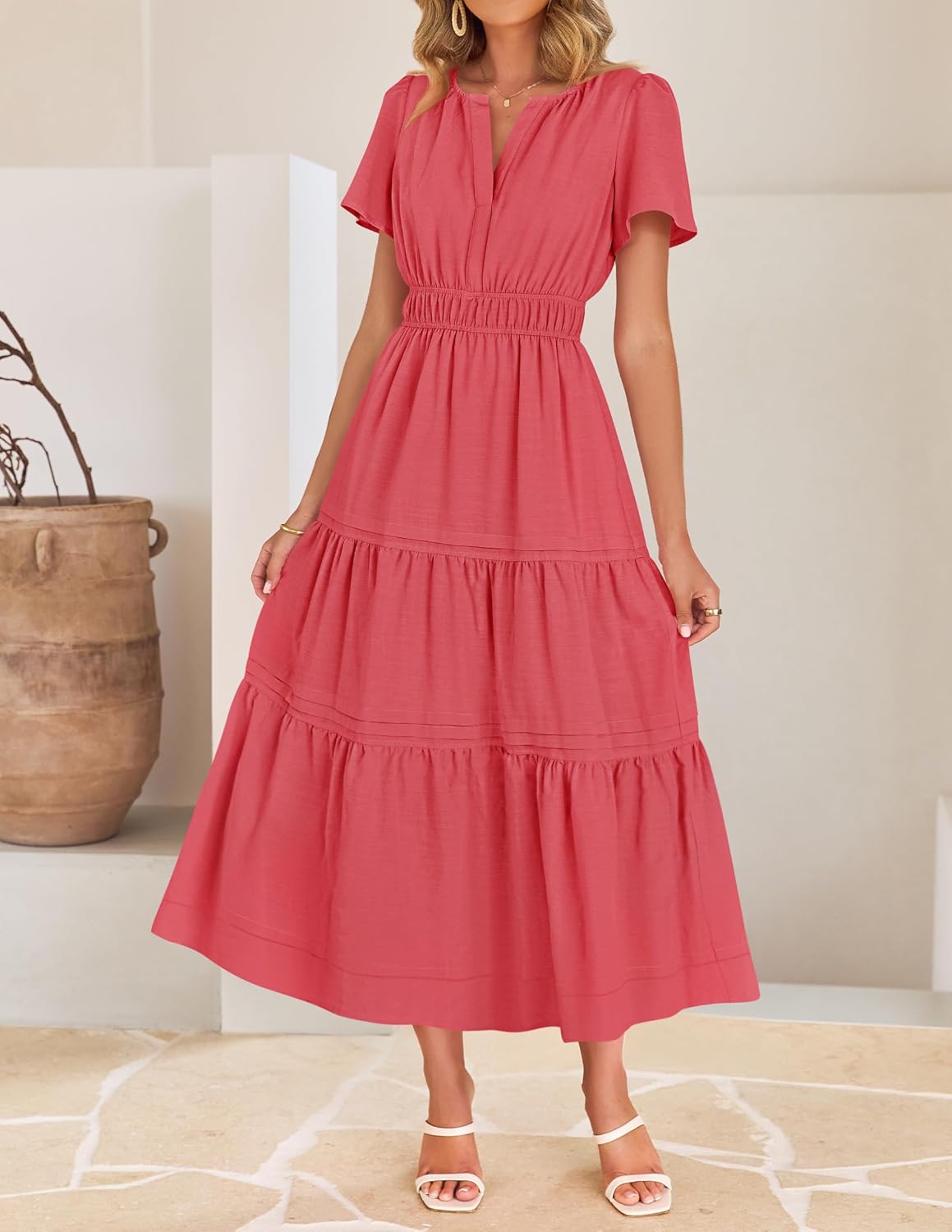 ZESICA Women's Summer Casual Short Sleeve Midi Dresses 2026 V Neck Elastic Waist Tiered Flowy Boho Dress with Pocket - Image 2