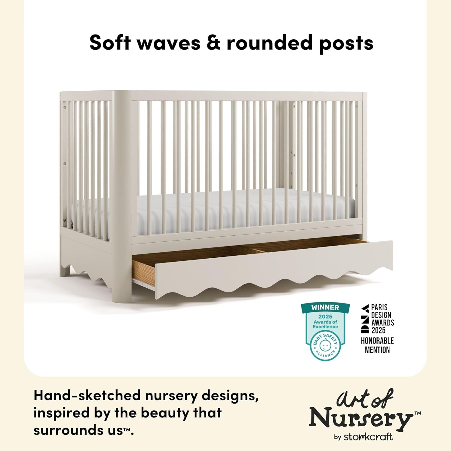 Storkcraft Casablanca Convertible Crib with Drawer and Toddler Guardrail (Frosted Oat) – GREENGUARD Gold Certified, Toddler Bed Conversion Kit Included, Fits Standard Crib Mattress, Crib with Storage