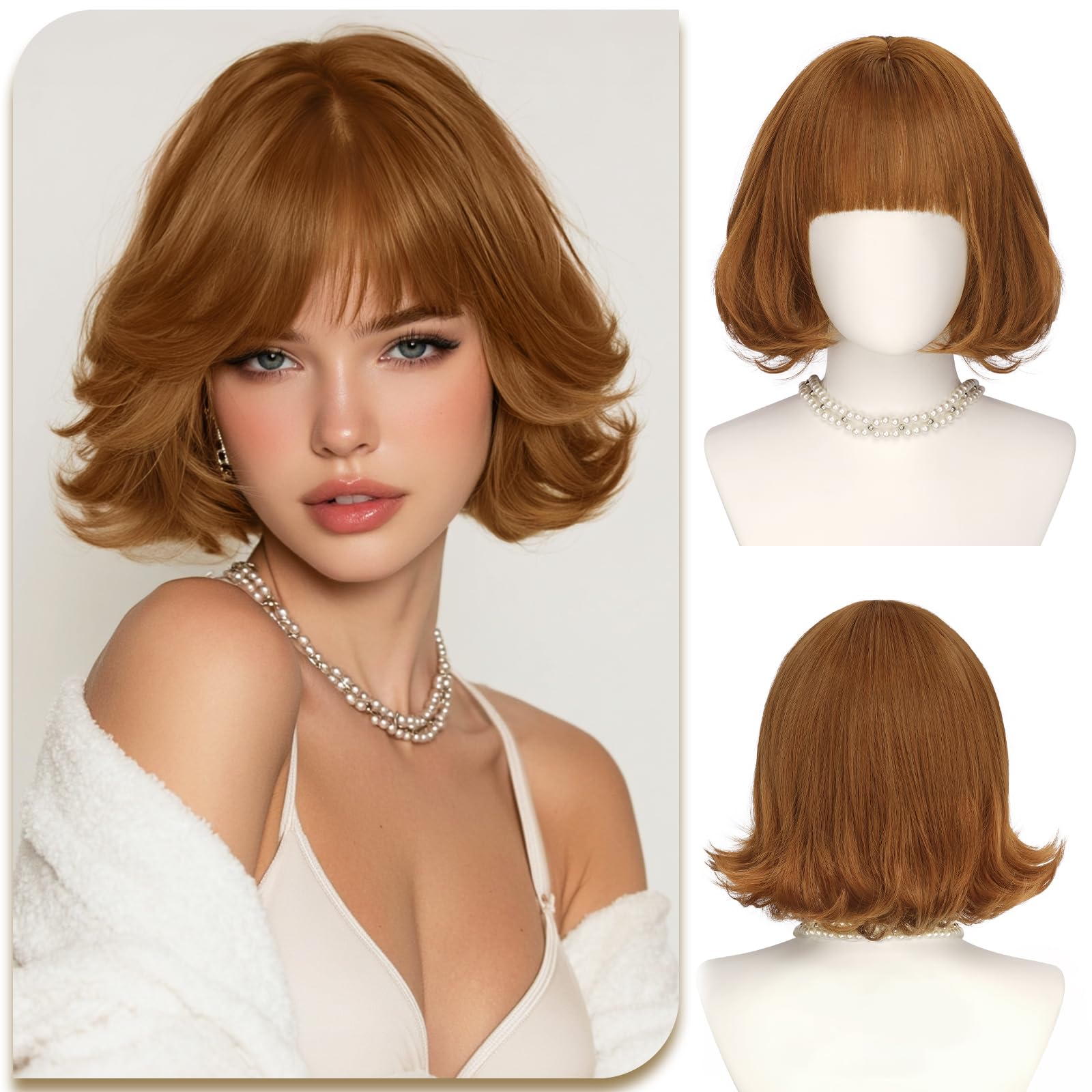 Sofeiyan Kurze Bob Perücke mit Pony, 30 cm Rotbraun Lockige Spitzen Synthetische Perücke für Damen, Hitzebeständige Faser Natürlich Aussehende Alltag Perücken