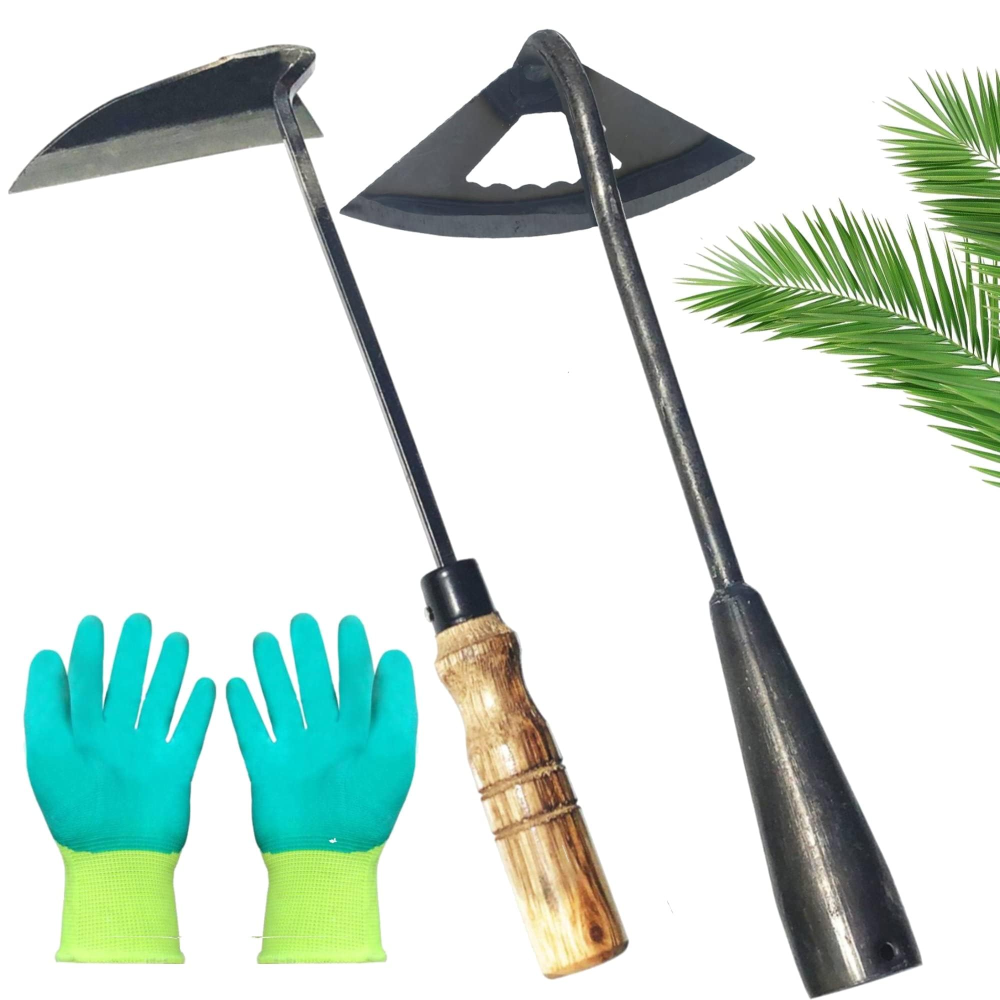 Pack of Gardening Tools Weeding Tool and Garden Hoe Weed Removal Tool with Blade Quick Weeder and Gardening Gloves (Hollow Hoe + Weeding Sickle)