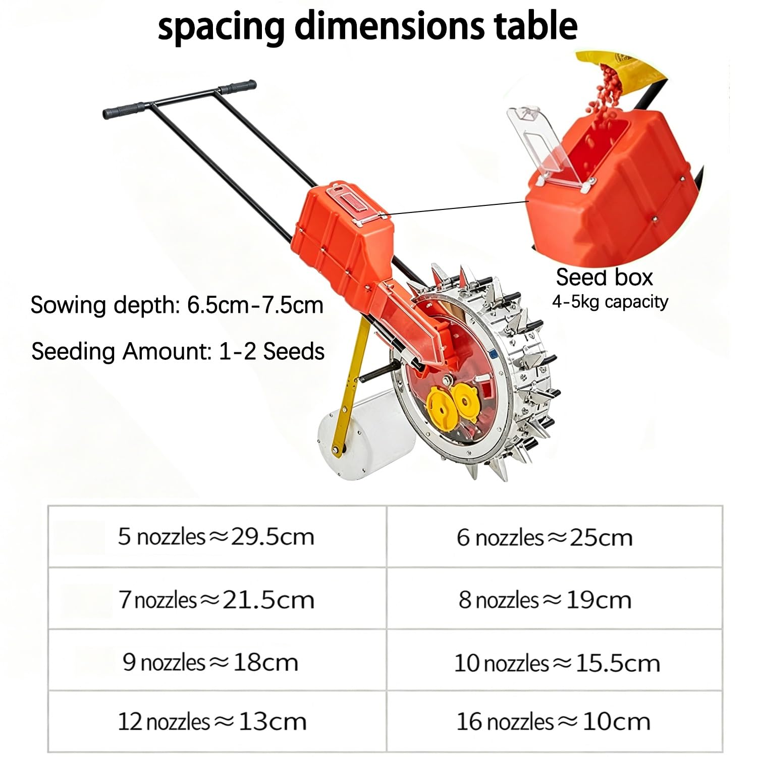 Sembradora Manual de precisión, tolva de Semillas de Gran Capacidad (4-5 kg), Profundidad y espaciamiento de siembra Ajustables, para maíz, Soja, algodón y Girasol