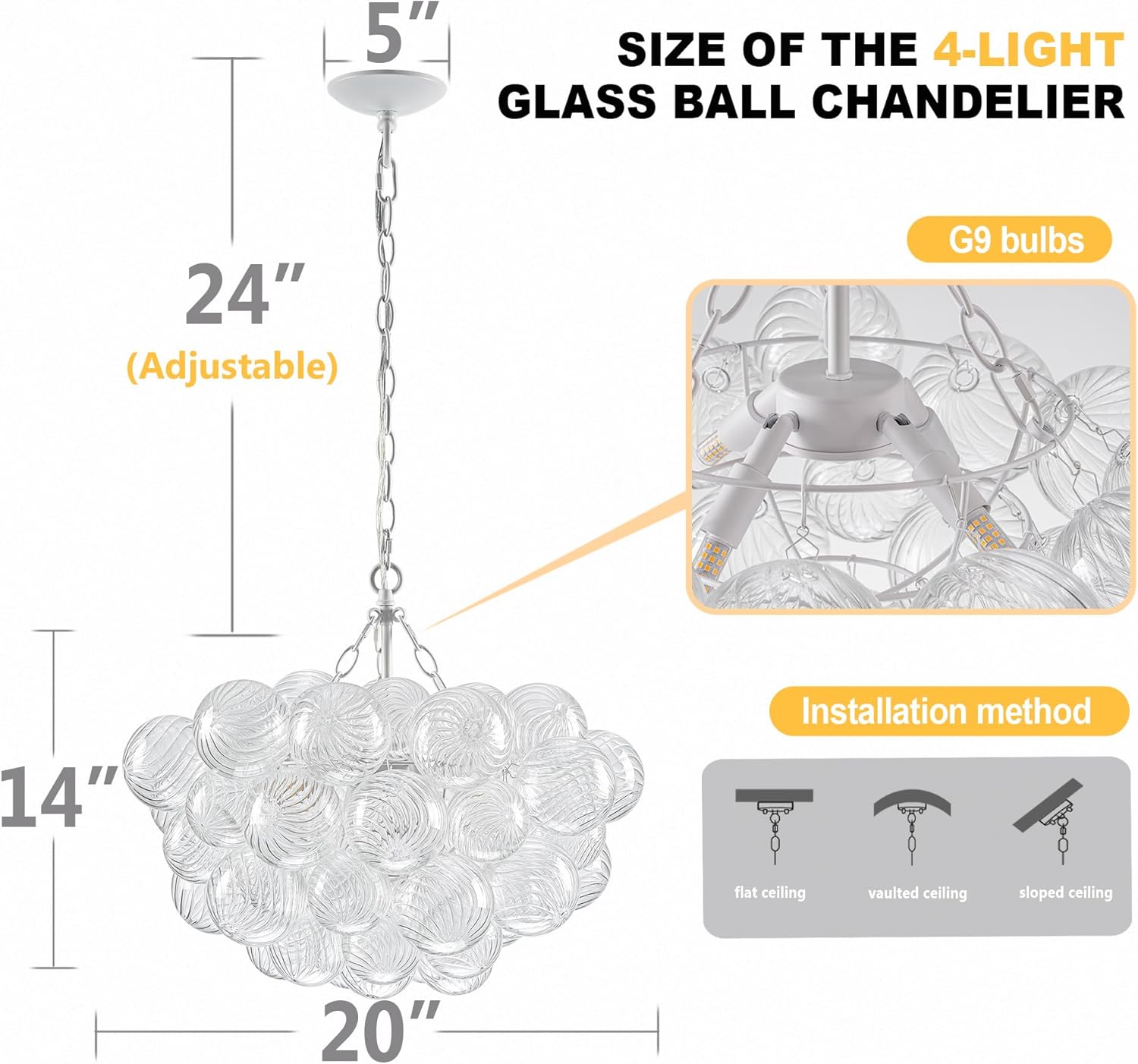 Longree Bubble Glass Ball Chandelier White Finish Light Fixtures Swirled Glass Globe Chandeliers 20" Dia Pendant Lights for Dining Room Kitchen Bathroom Entry Bedroom