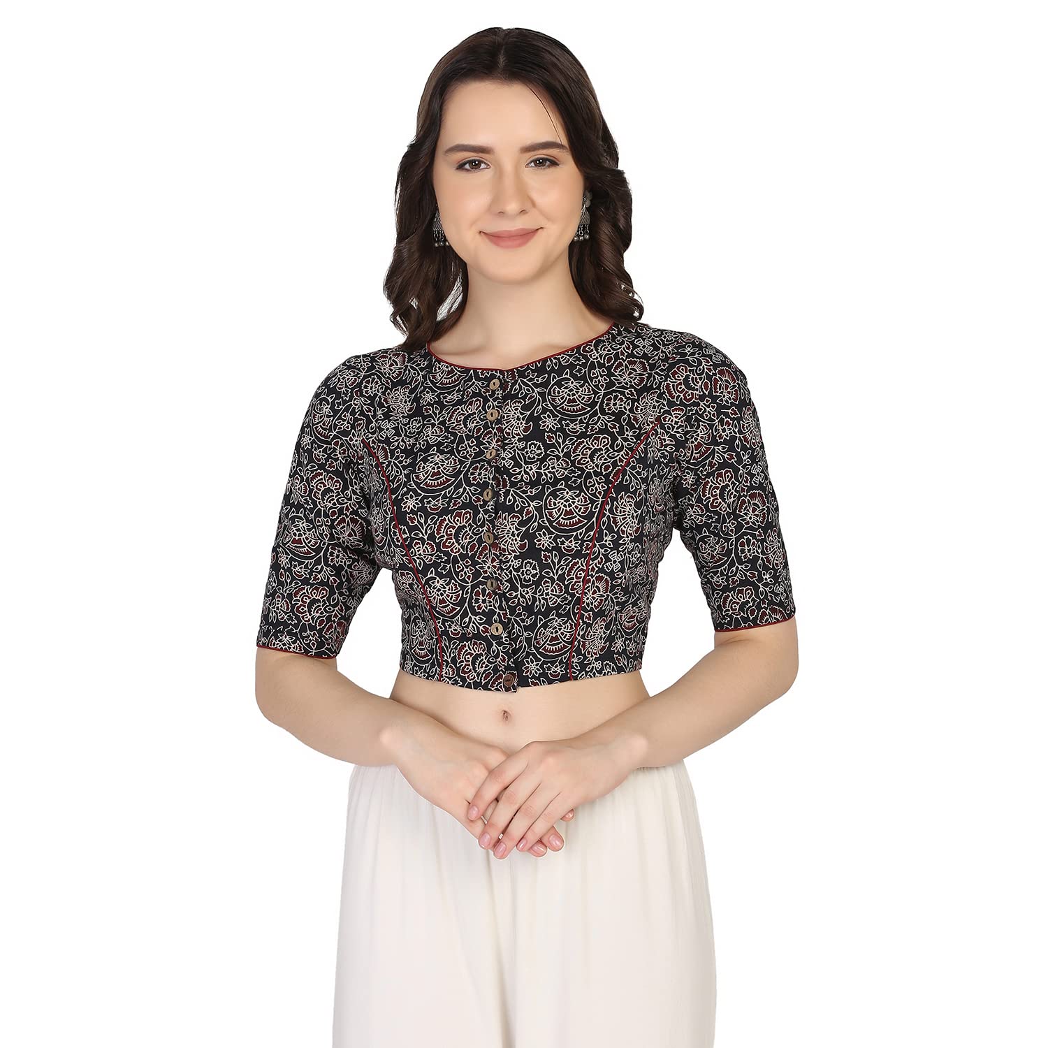 Women Black Beige Ajrakh Printed Cotton Saree Blouse-image-36