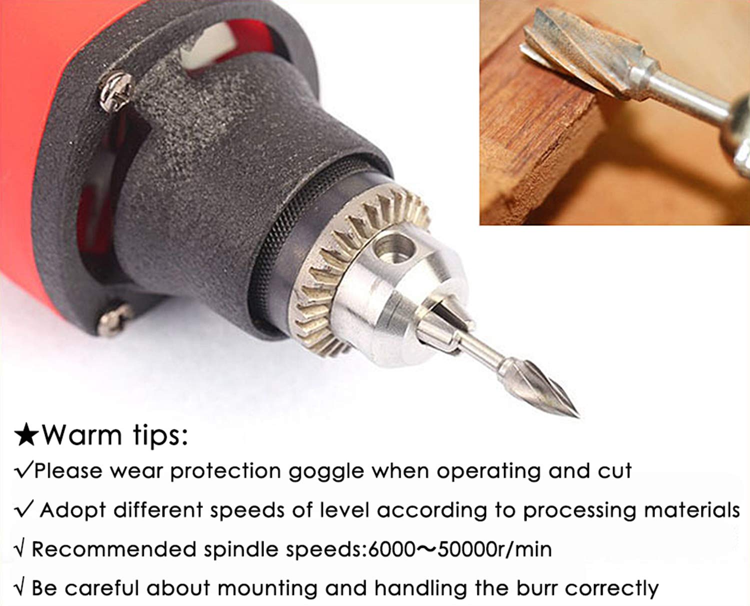 DLtools 10pcs Aluma Cut Tungsten Carbide Rotary Burr Set, Metal Carving Drilling Polishing Cutter Bits with 1/8"(3mm) Shank and 1/4"(6mm) Head Dia for Die Grinder Drill Aluminum and Wood — Amazon image 3