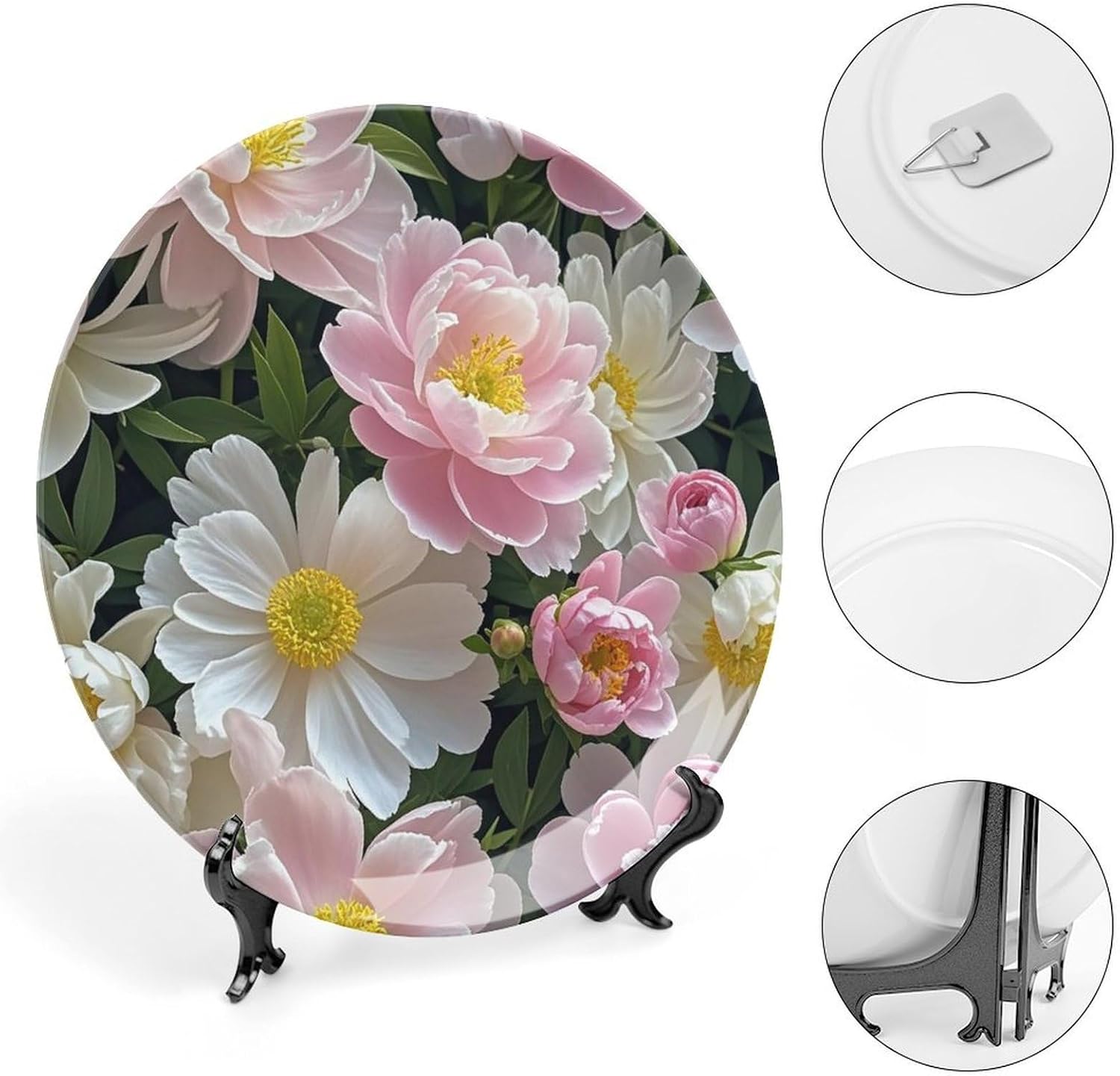 Beautiful Flowers with And Peonies Decorative Ceramic Plate Round Porcelain Plate Decor Personalized Bone China Decorative Plates Ceramic Ornaments Dessert Plates with Display Stand 8inch