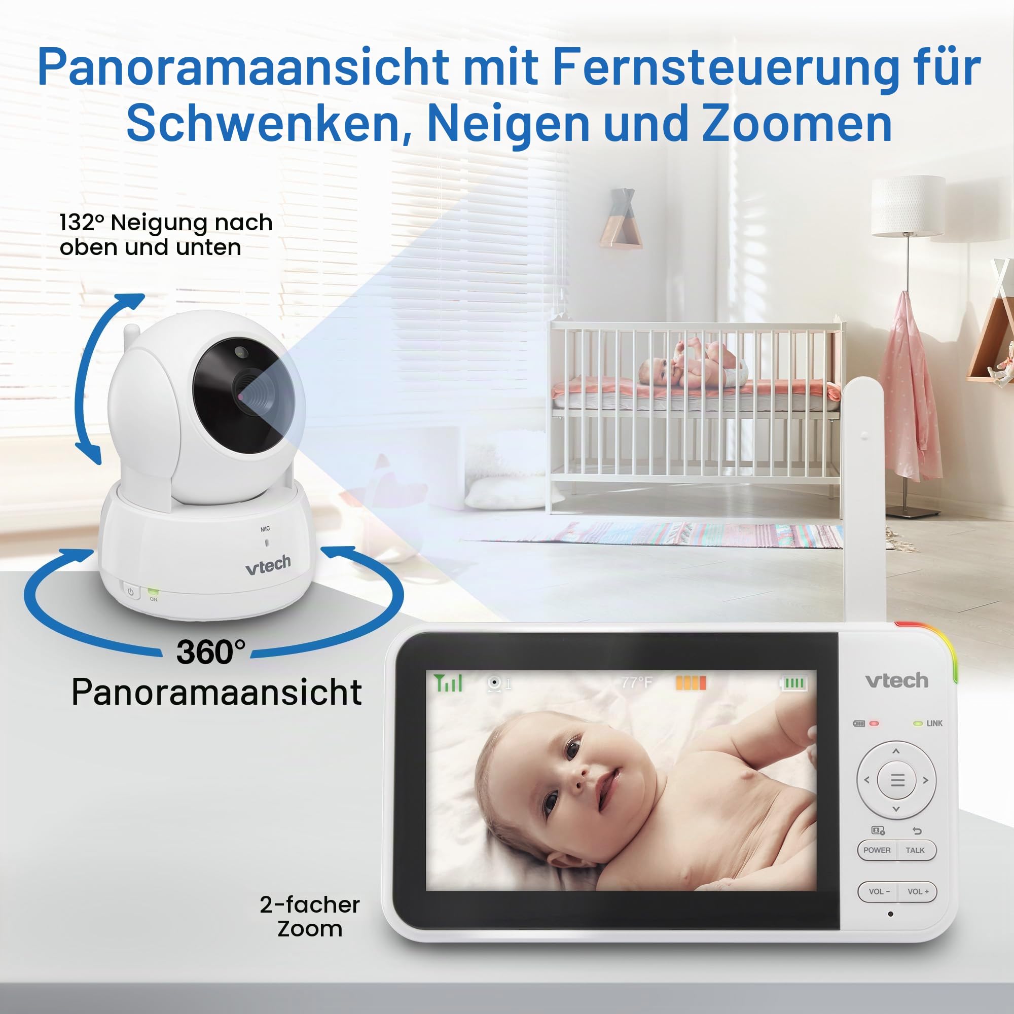 Vtech VM924 Babyphone mit Kamera 5 Zoll Video Baby Monitor, 31 Stunden Akkulaufzeit Babyfon mit Kamera 300m Reichweite HD Nachtsicht 2-Way Talk Temperatursensor