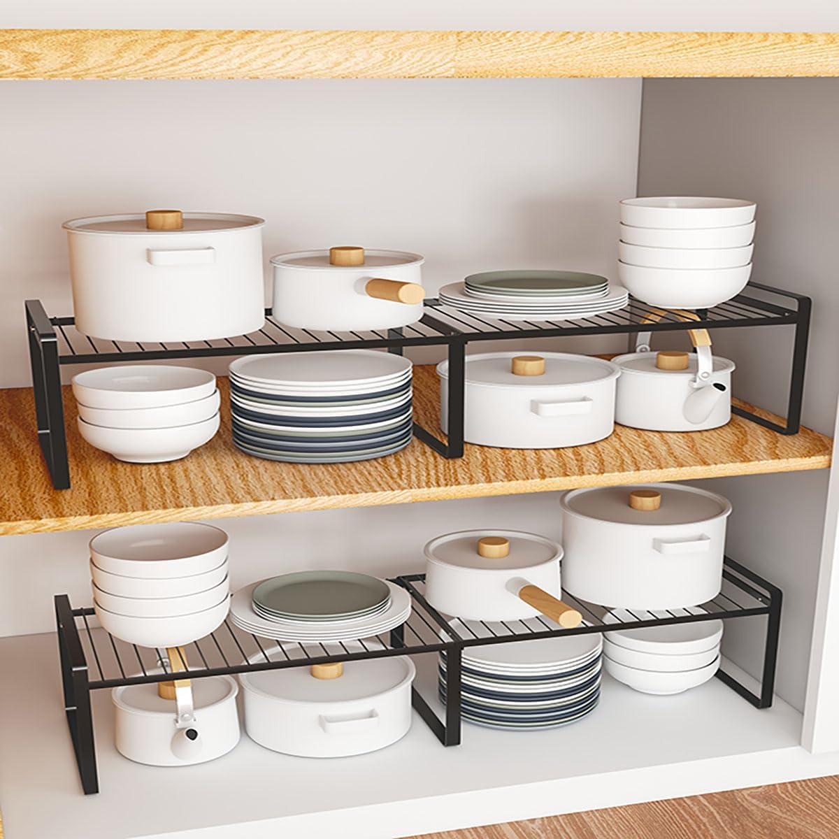 Expandable Cabinet Shelf Rack Set of 2, 13"~24" L X 8" D X 7" H Stackable Kitchen Cabinet Organizer Shelves Set of 2 for Countertop Pantry Cabinet Accessories