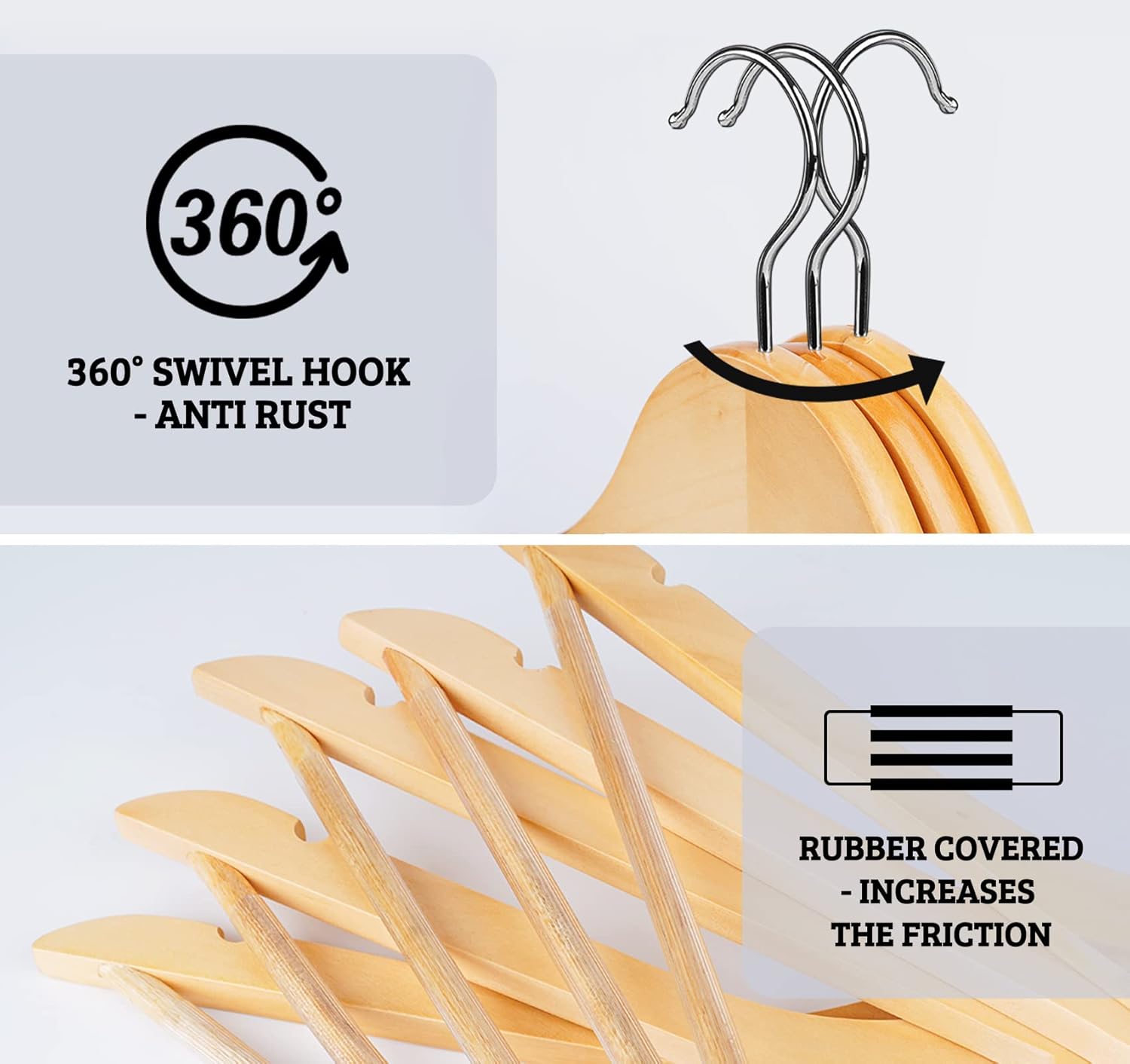 HOUÍSM Wooden Hangers 30 Pack, Solid Wooden Suit Hangers Coat Hangers with Non-Slip Pants Bar, 360° Swivel Hook & Notches, Smooth Finish, Heavy Duty Clothes Hangers for Coats, Suits, Pants and Jackets