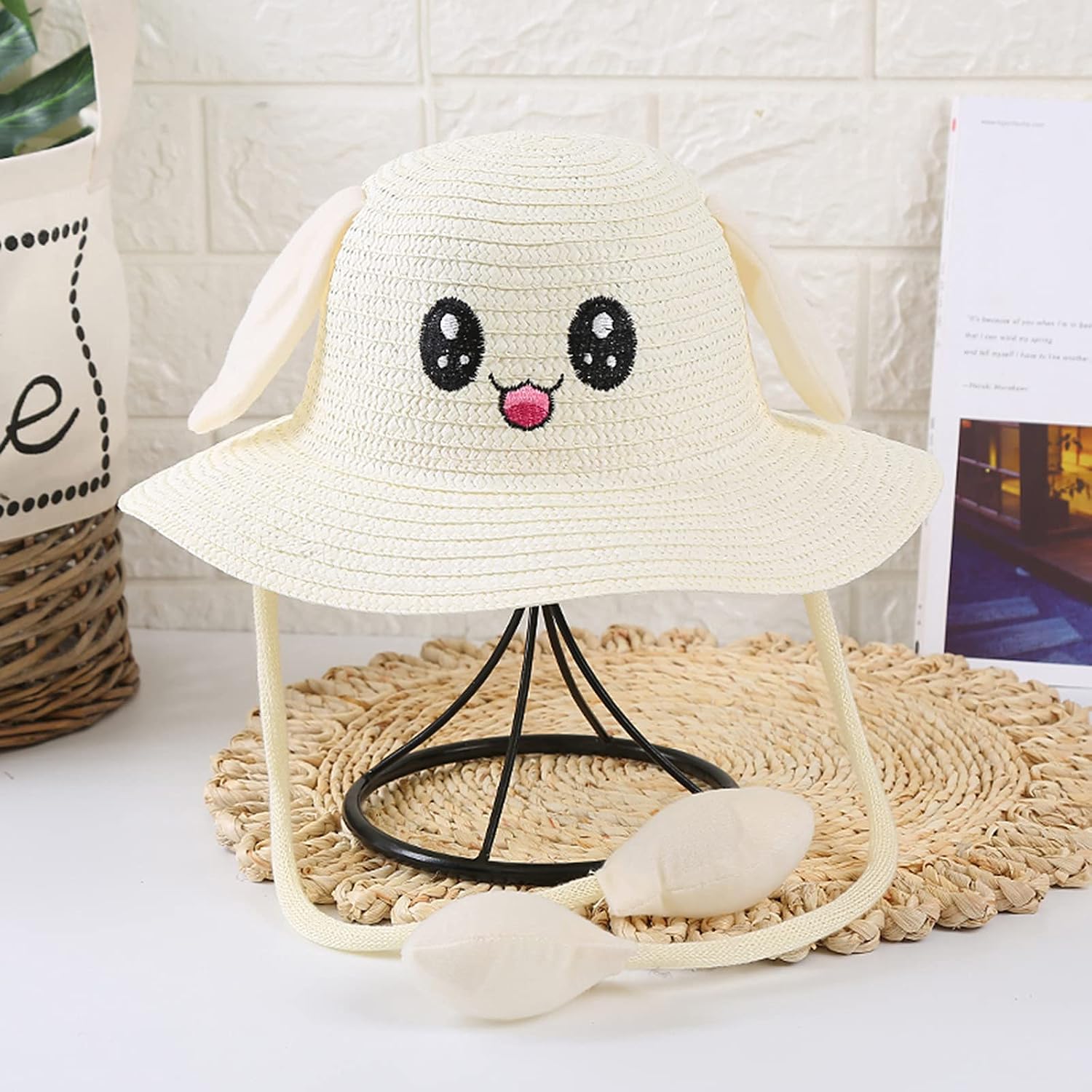 Girls Straw Sun Hat Cute Graphic Moving Ears Sun Protection Fisherman Hats Summer Casual Breathable Wide Brim Beach