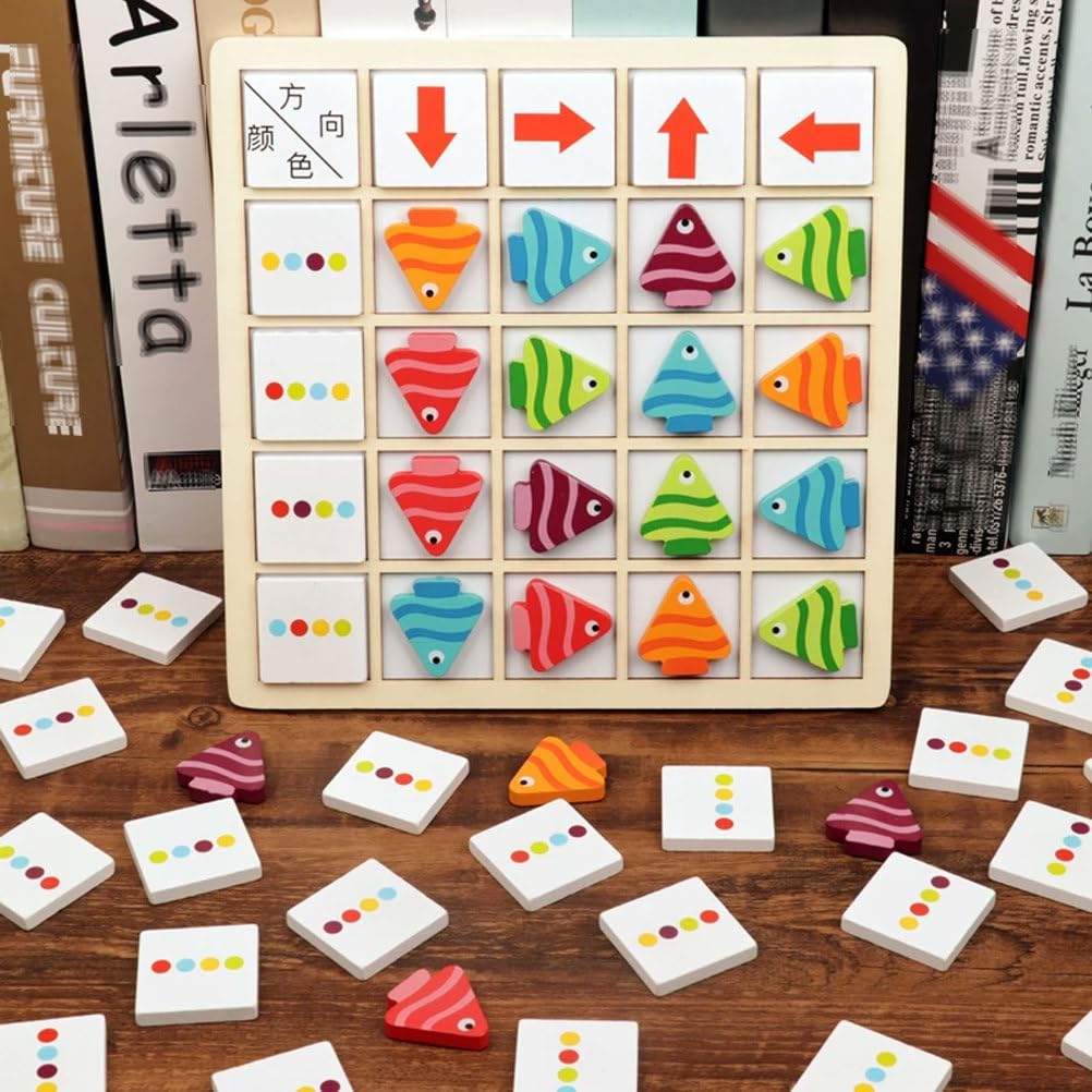 Gioco Puzzle Montessori Abbinamento delle Direzioni Pesci Legno