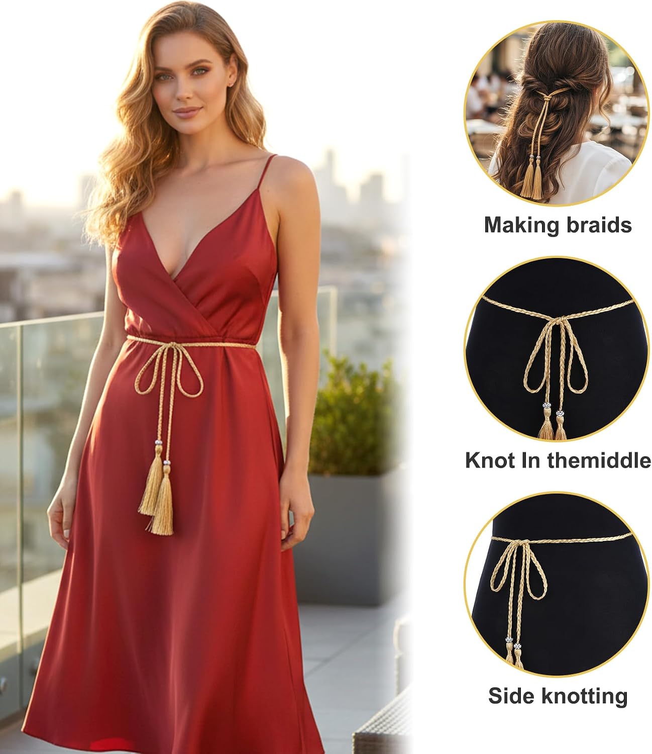 2PCS Gold Rope Belt for Toga Costume, Toga Rope Belt for Women (51.2 Inch)