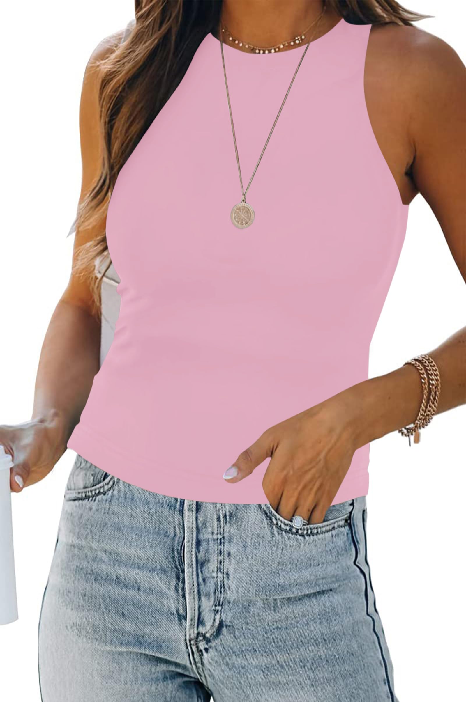 Photo 1 of ** stain *** KEEPBEAUTY Womens Halter Tops Summer Sleeveless Shirts Sexy High Neck Fitted Tops Racer Back Tank Tops Blouses Baby Pink M