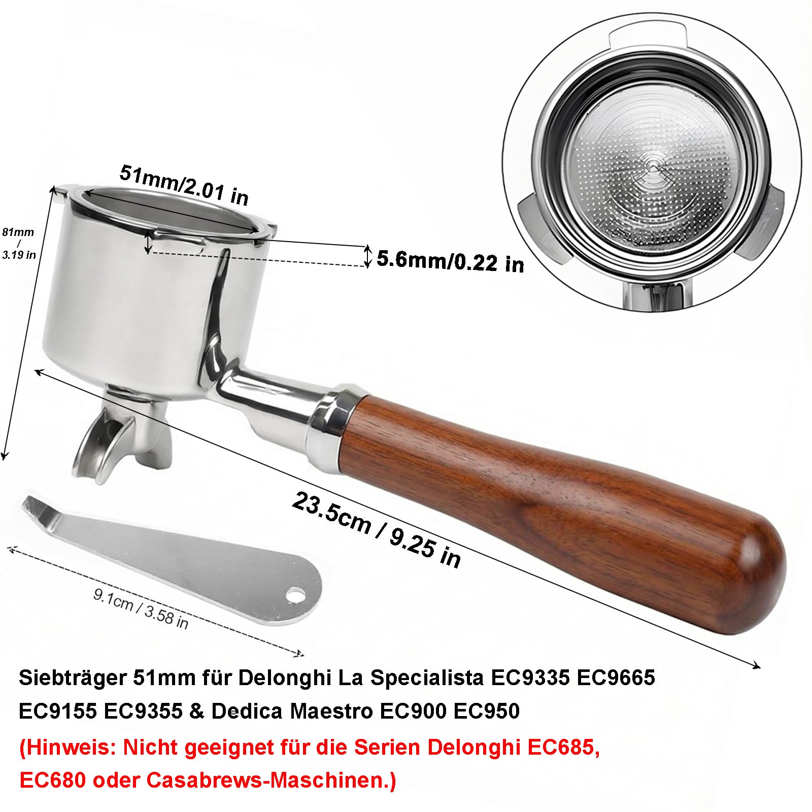 51mm Siebträger für De'Longhi La Specialista EC9335/EC9665, Doppelauslauf
