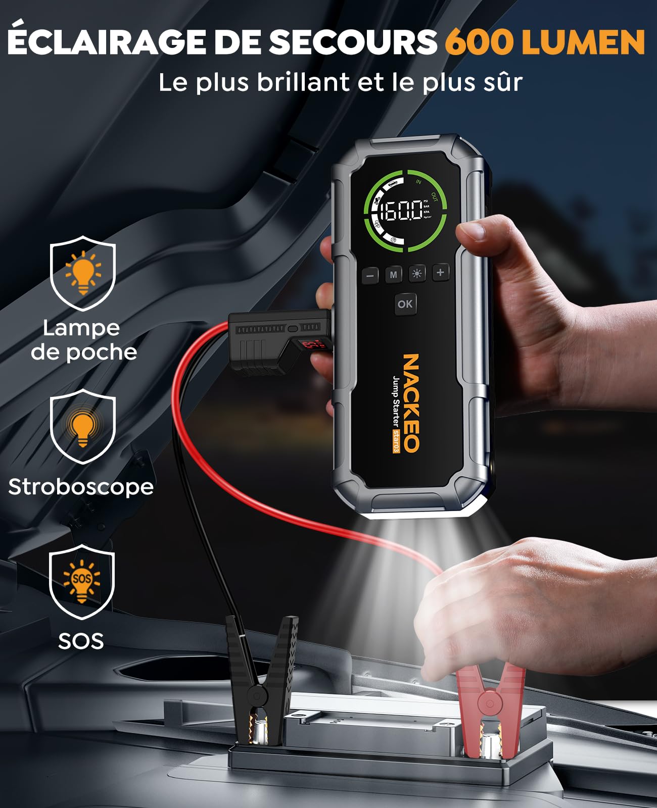 8000A Booster Batterie Voiture avec Gonfleur 160PSI, 12V Demarreur Batterie Voiture (Essence et Diesel Jusqu’à 12 L), 20000 mAh avec câbles de démarrage, Lampe LED 600 lumens et écran LCD