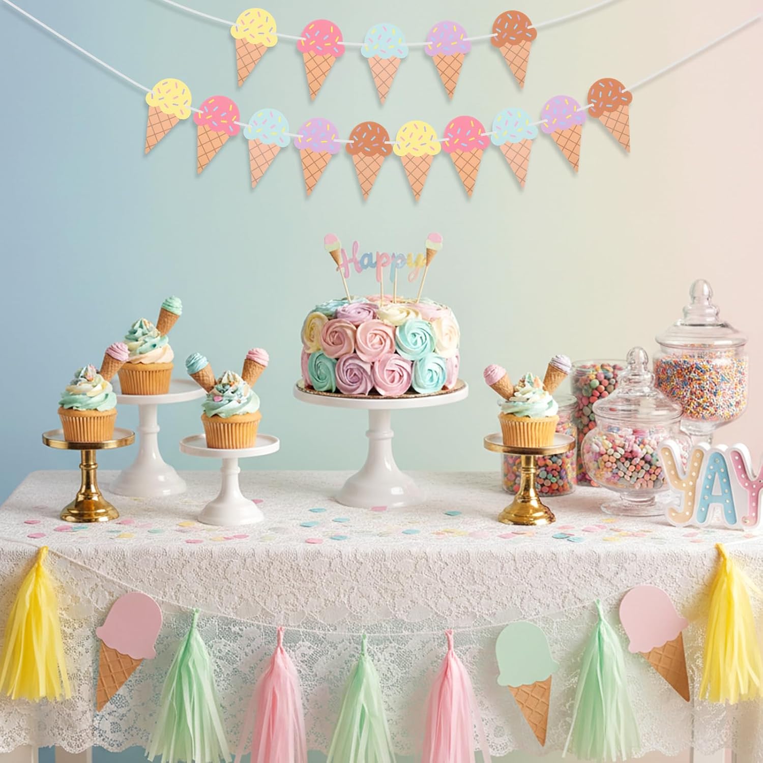 3Pcs Summer Birthday Party Decoration, Ice Cream Happy Birthday Banner, First Birthday Photo Props, Colorful First Photo Props, Ice Cream Theme Party Supplies