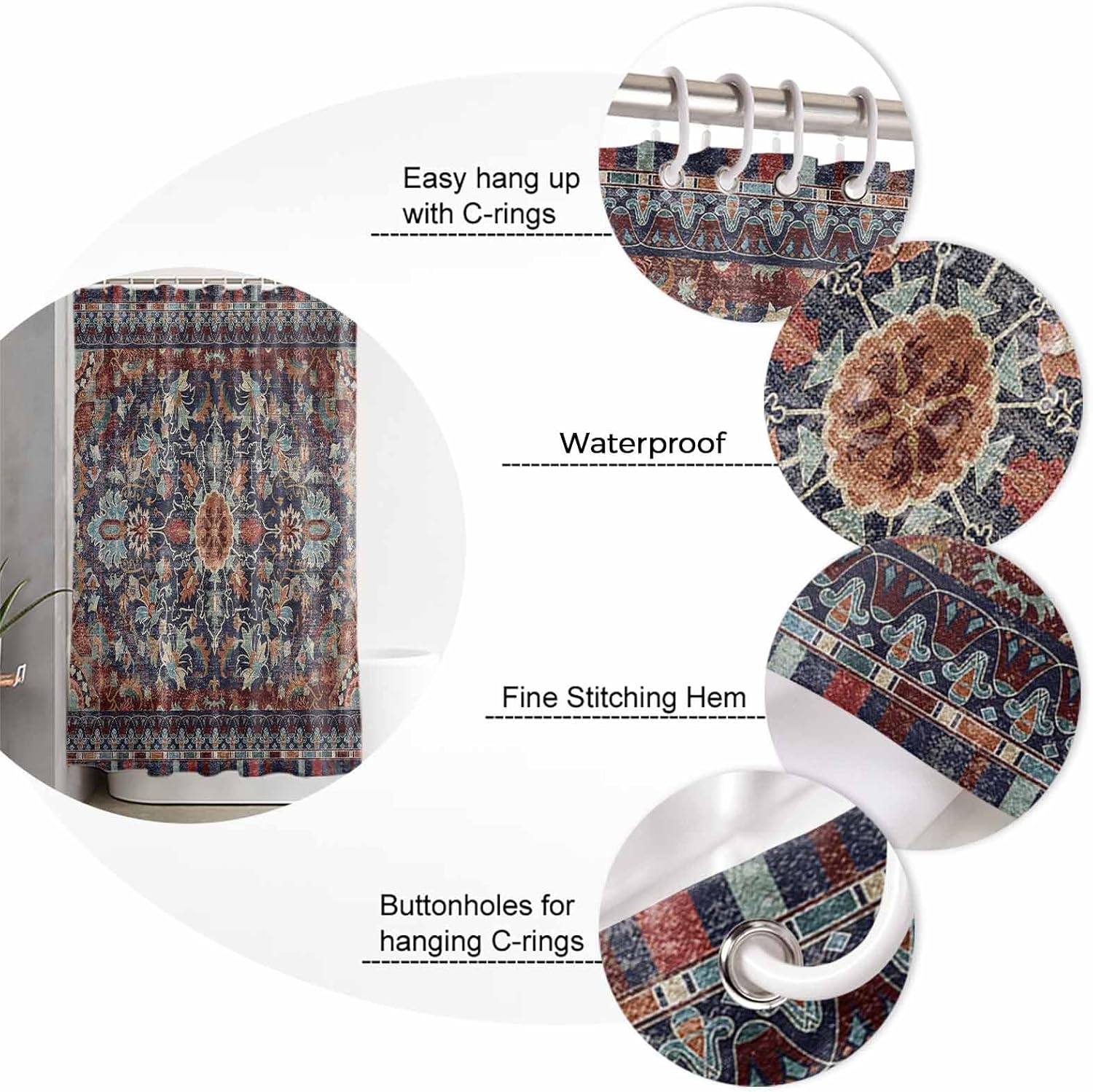 Double Love Vintage Flowerm Bathroom Curtain 72 Inch Shower Curtain with Hooks, Waterproof Polyester Bath Curtain Washable Bathtub Curtain Luxurious Classic Old World Aesthetics 72''x 72''