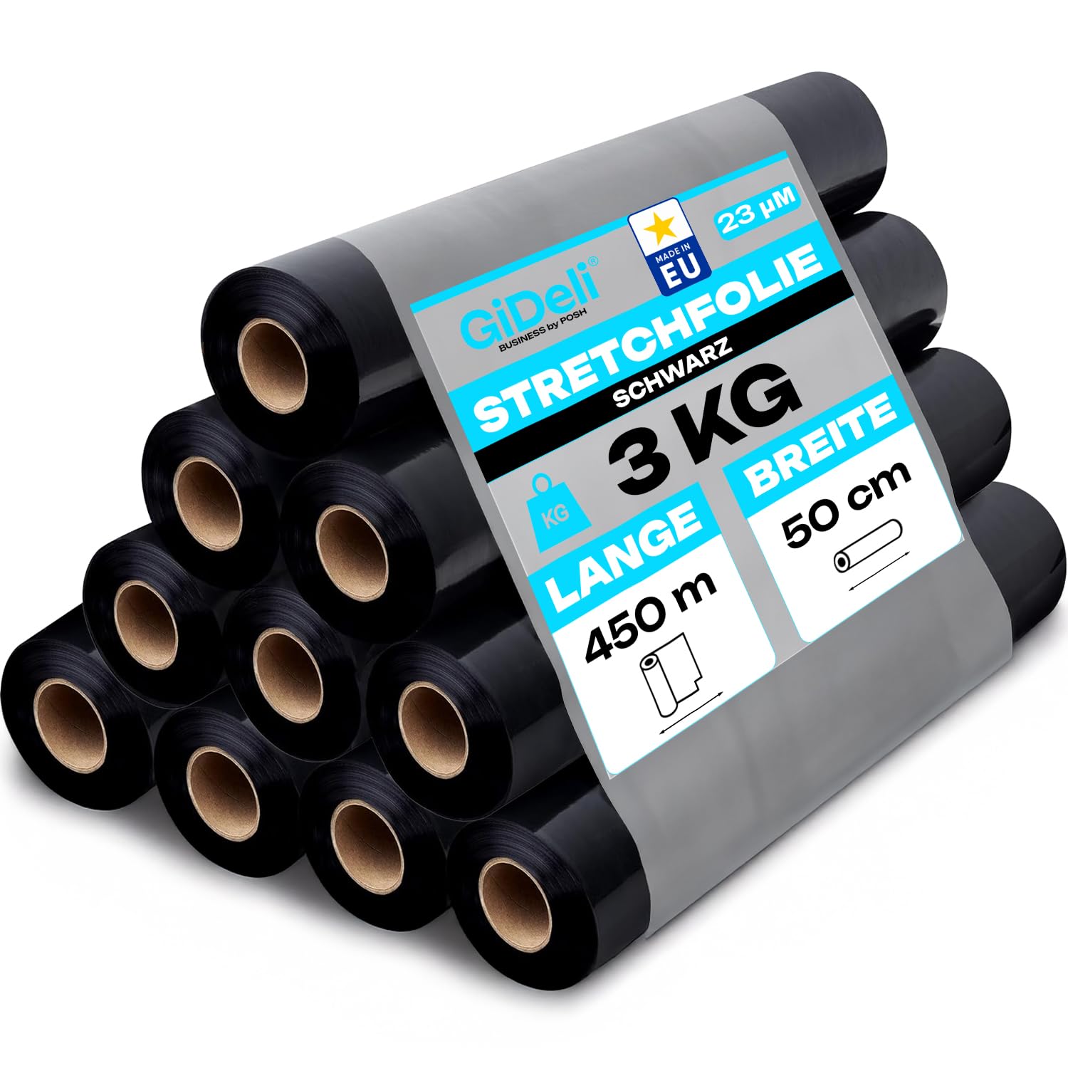 GiDeli Lot de 10 rouleaux de film étirable - Noir - 450 m / 50 cm - Matériau d'emballage sur rouleaux - Film pour meubles - Film pour déménagement