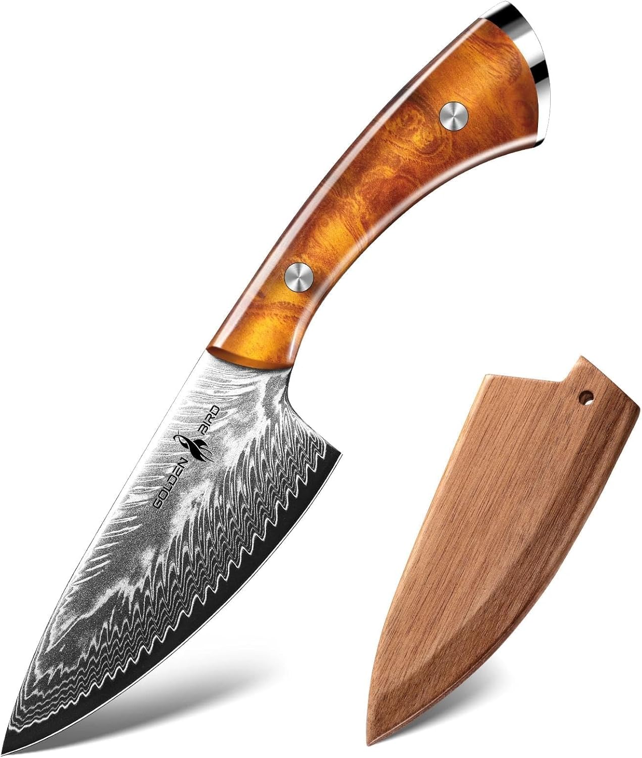 Golden Bird Damascus Steel Knife for Kitchen and Outdoor - Hand Forged Camping Cooking Knife with Resin Handle, All Purpose Small Kitchen Knives with Sheath, Gift for Men & Women