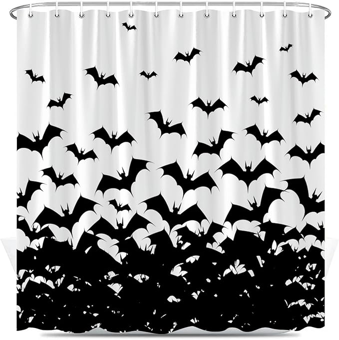 Halloween Spooky Bats Shower Curtain Black White Horror Scary Dark Animals Autumn Bathroom Decor Curtains Set with Hooks 70X70 Inch