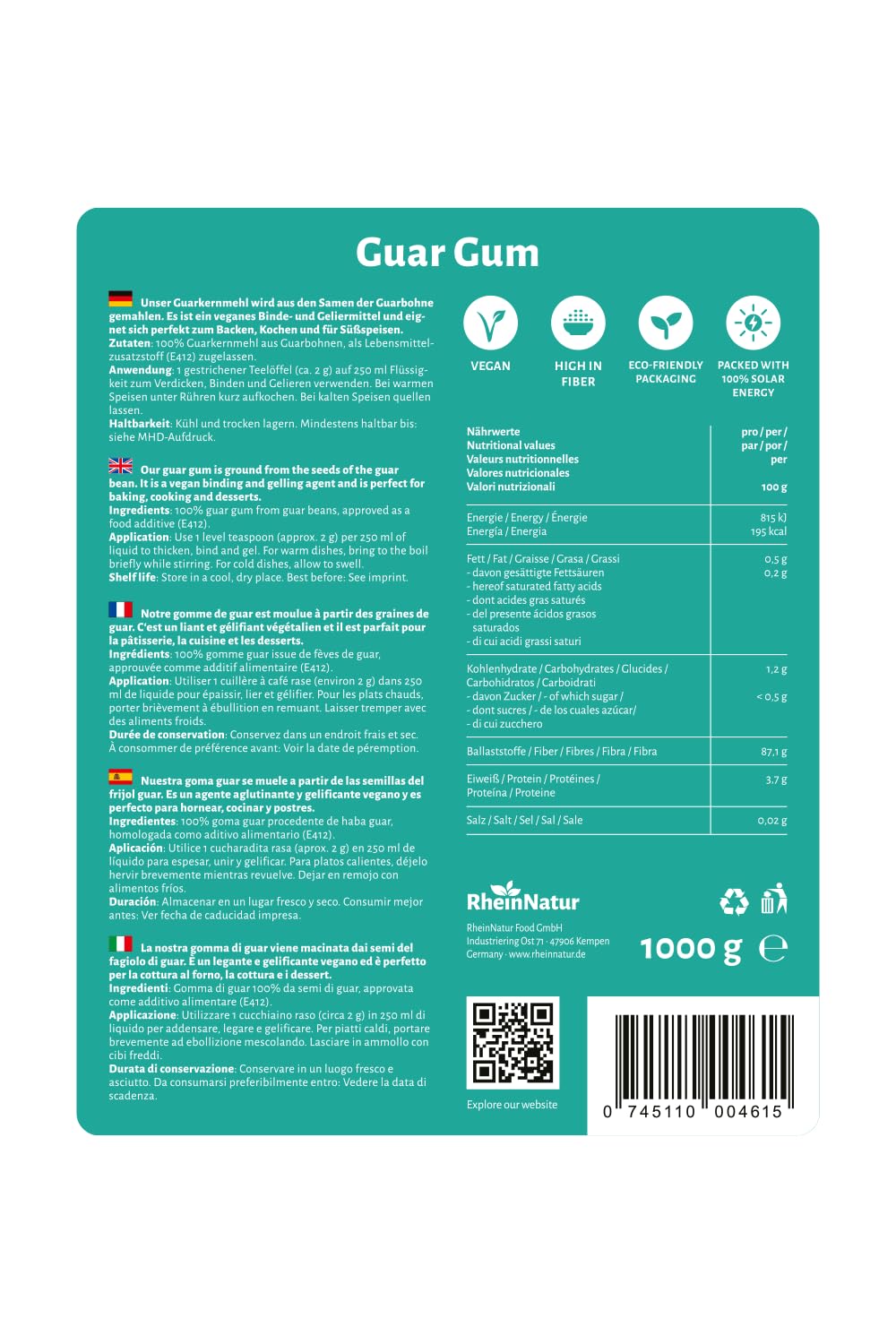 RheinNatur Guarpitmeel, 1 kg, guar gumpoeder als natuurlijke stabilisator voor ijs, soepen, sauzen, plantaardig bindmiddel en verdikkingsmiddel, smaakneutraal en veganistisch, zakje van 1000 g 1000g