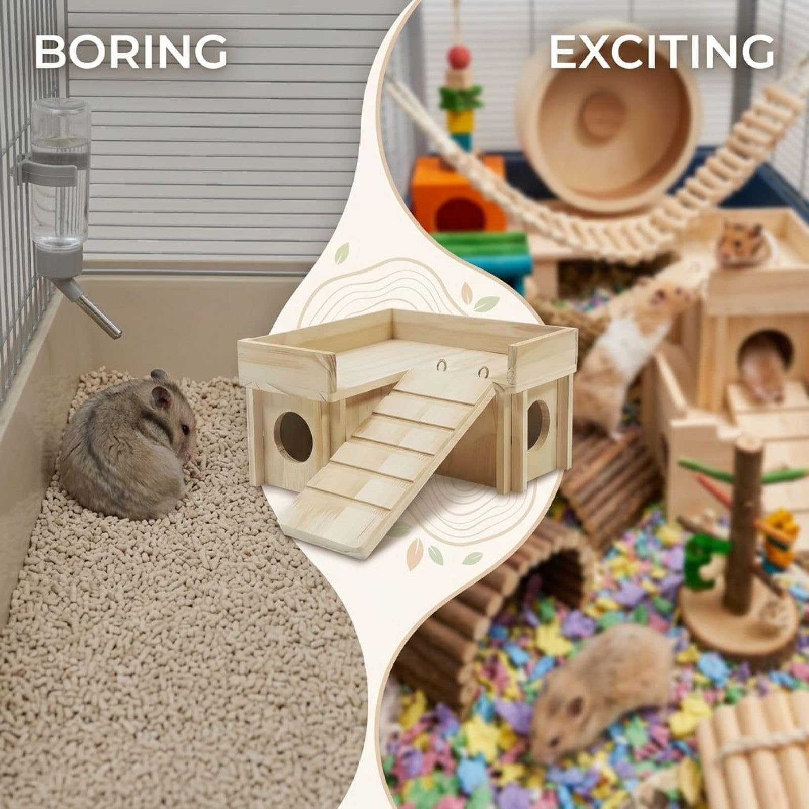 Drewniany domek dla chomików z drabinką, wielokomorowa kryjówka tunelowa dla gryzoni, z zamkiem dla małych zwierząt, naturalne drewno sosnowe, otwarta platforma dachowa, 20 x 20 x 12 cm