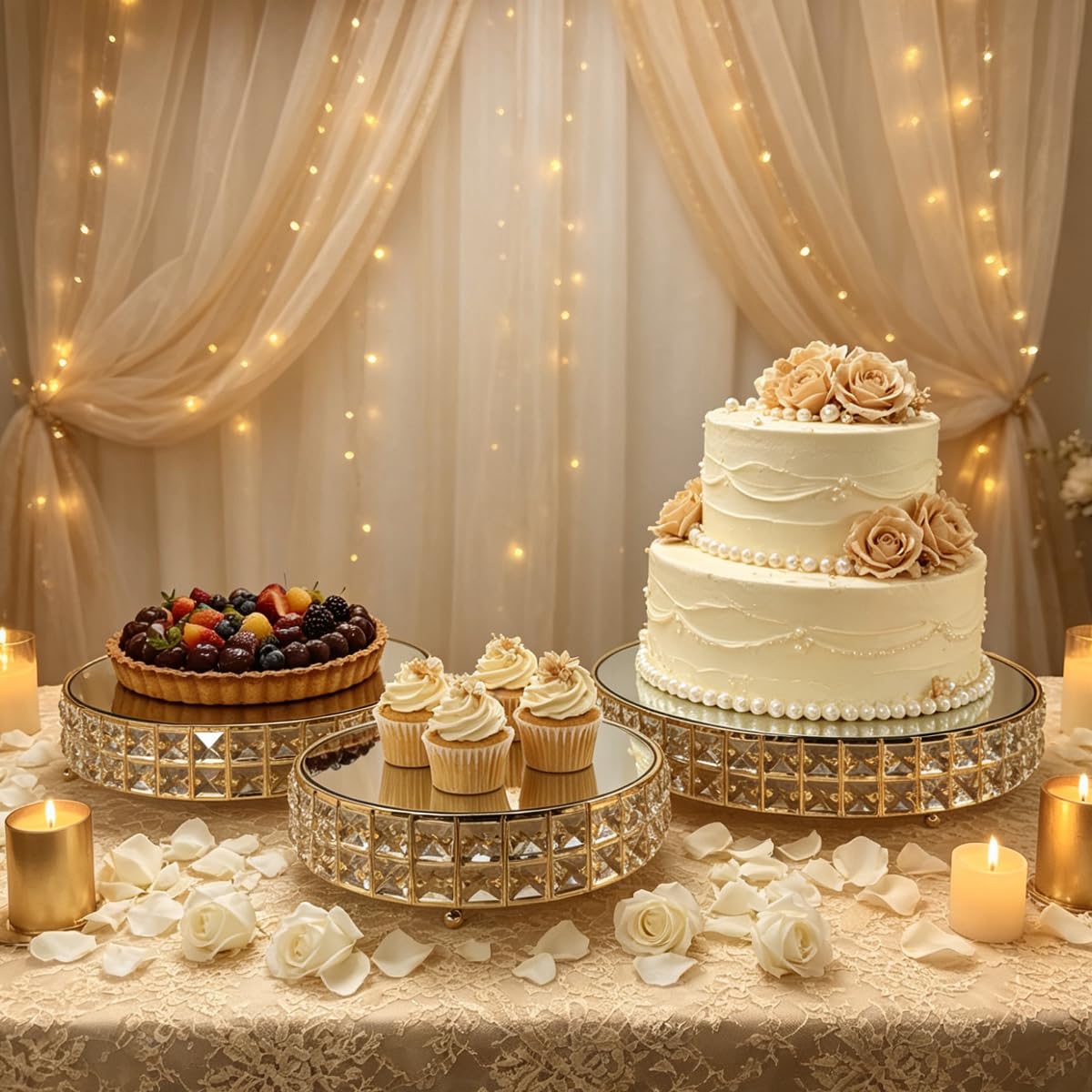 Ensemble de présentoirs à gâteaux en métal avec présentoir à cupcakes en cristal Doré