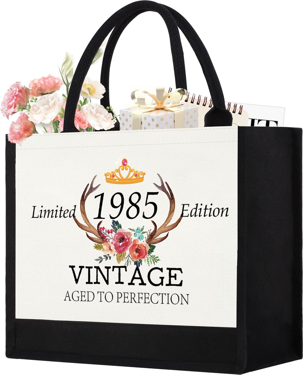 GevGuxLuo 40th Birthday Gifts for Women Canvas Tote Bag, 40 Years Old Birthday Gifts for Mom Wife Aunt Friends Her,Turning 40 Beach Bag Reusable Grocery Bag 1985 Women Tote Bag