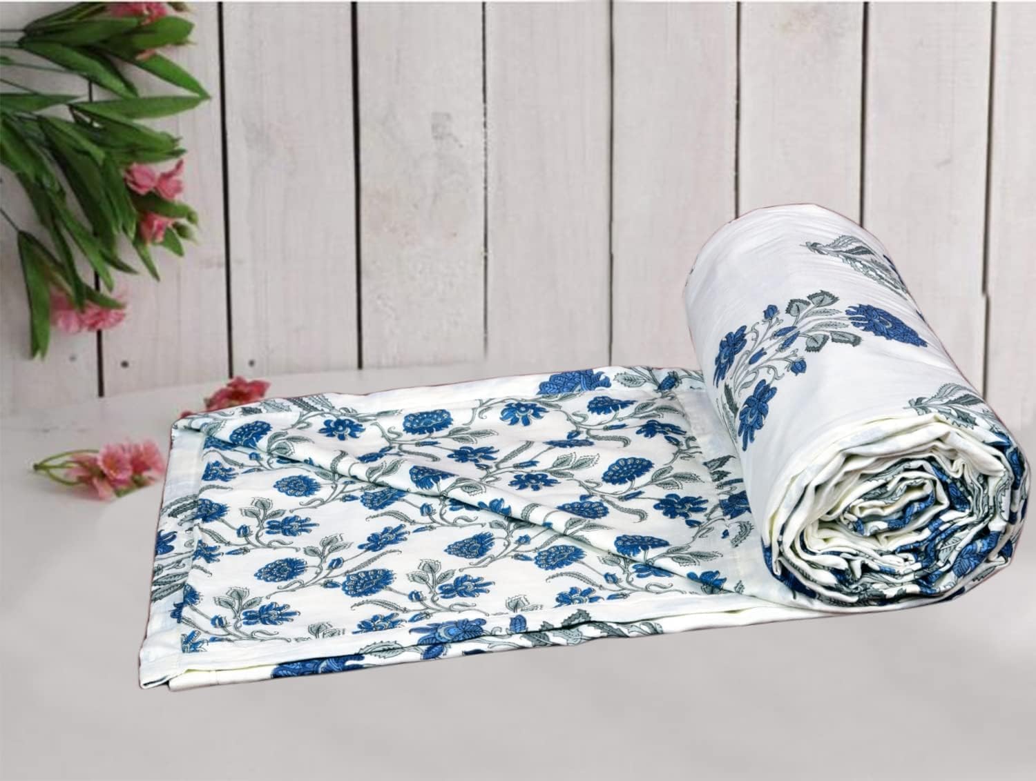 Trance Home Linen 100% Cotton Reversible Dohar Double Bed Size | Jaipuri Printed Artisan Block Design Blanket | Soft Lightweight Ac Comforter Quilt (84"X88", Aangan Blue White)