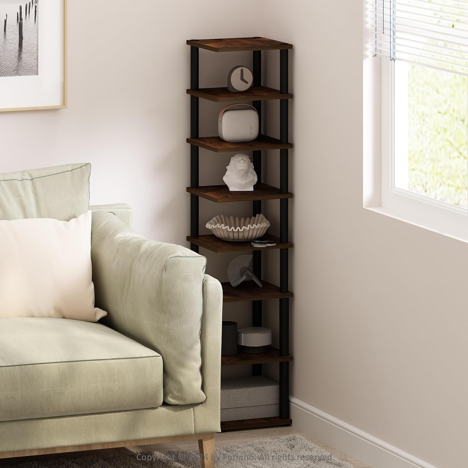 Furinno Turn-N-Tube Corner Shelf, 8-Tier Display Rack, Vertical Corner Storage Rack, Space Saving Organization and Storage, Entryway, Living Room, Closet, Amber Pine