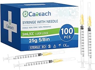 100 Packs 1mL Syringe 25 Gauge 5/8inch, Industrial Lab Accessories, Measuring, Refilling Inks, Individually Wrapped