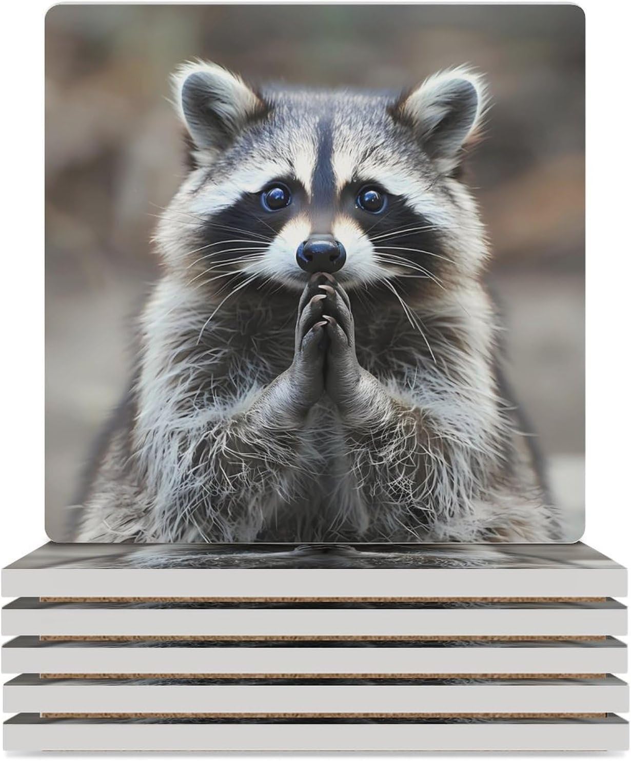 Cute Raccoon Coaster for Drinks Square Ceramic Table Coasters Stone Mat Crafts 6PCS Home Kitchen Decor
